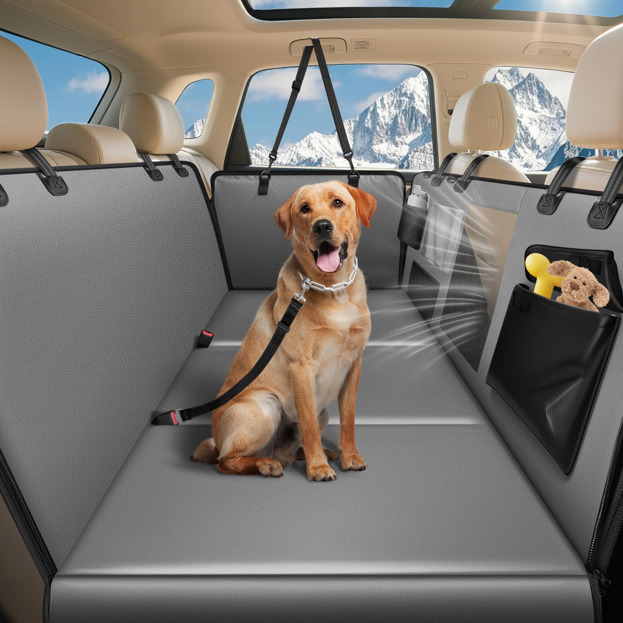 MellowMates Hundedecke für Auto Rückbank Hundesitzbezug mit Harter Unterseite inkl. Seitenschutz und Sichtfenster verbreitert wasserdicht und Kratzfest im SUV und Kleinlaster