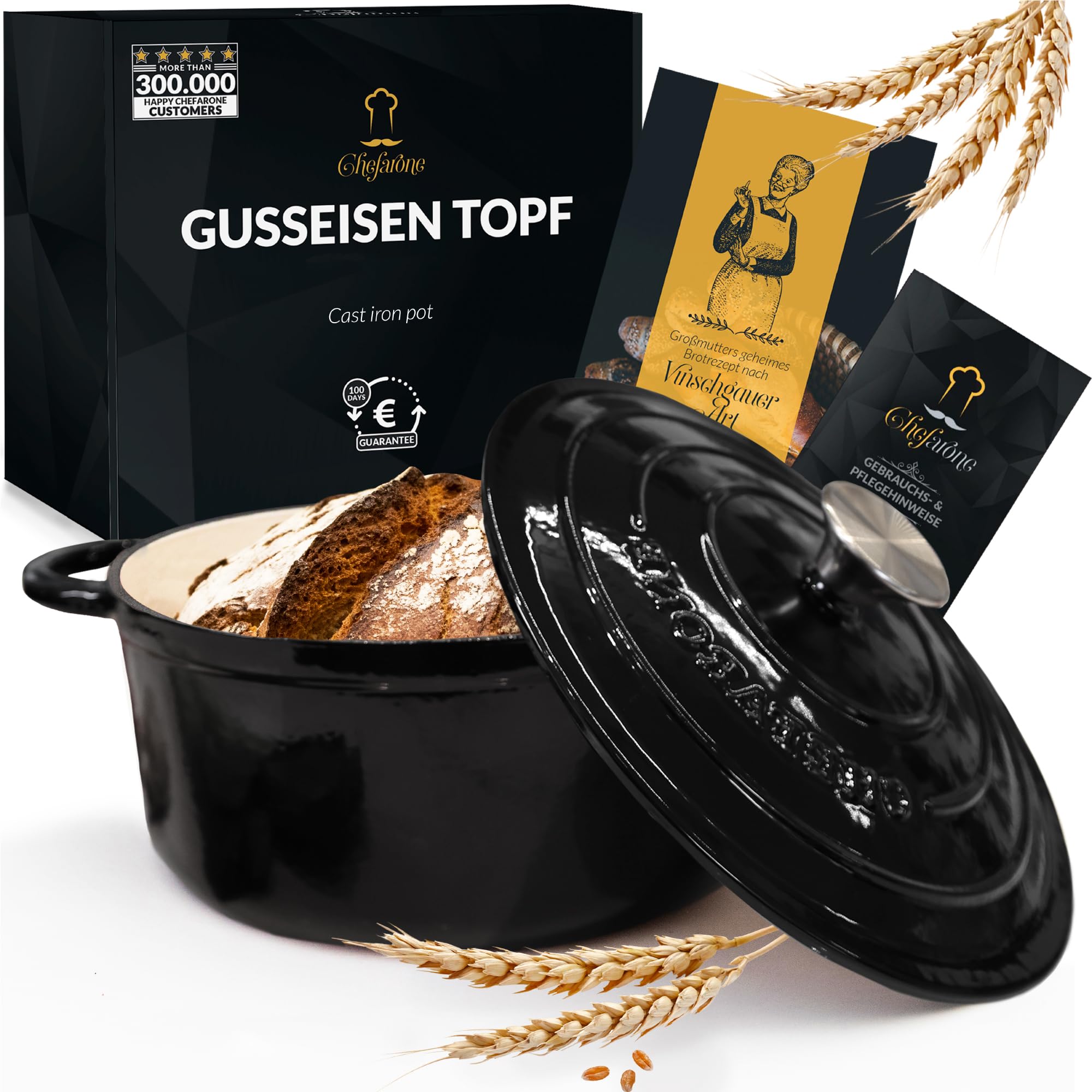 Chefarone Gusseisen Topf 26 cm 4,7 L emailliert - Schmortopf mit Deckel Induktion - Gusseisen Bräter Topf Brot backen - Cocotte emaille - Bratentopf - Brotbacktopf