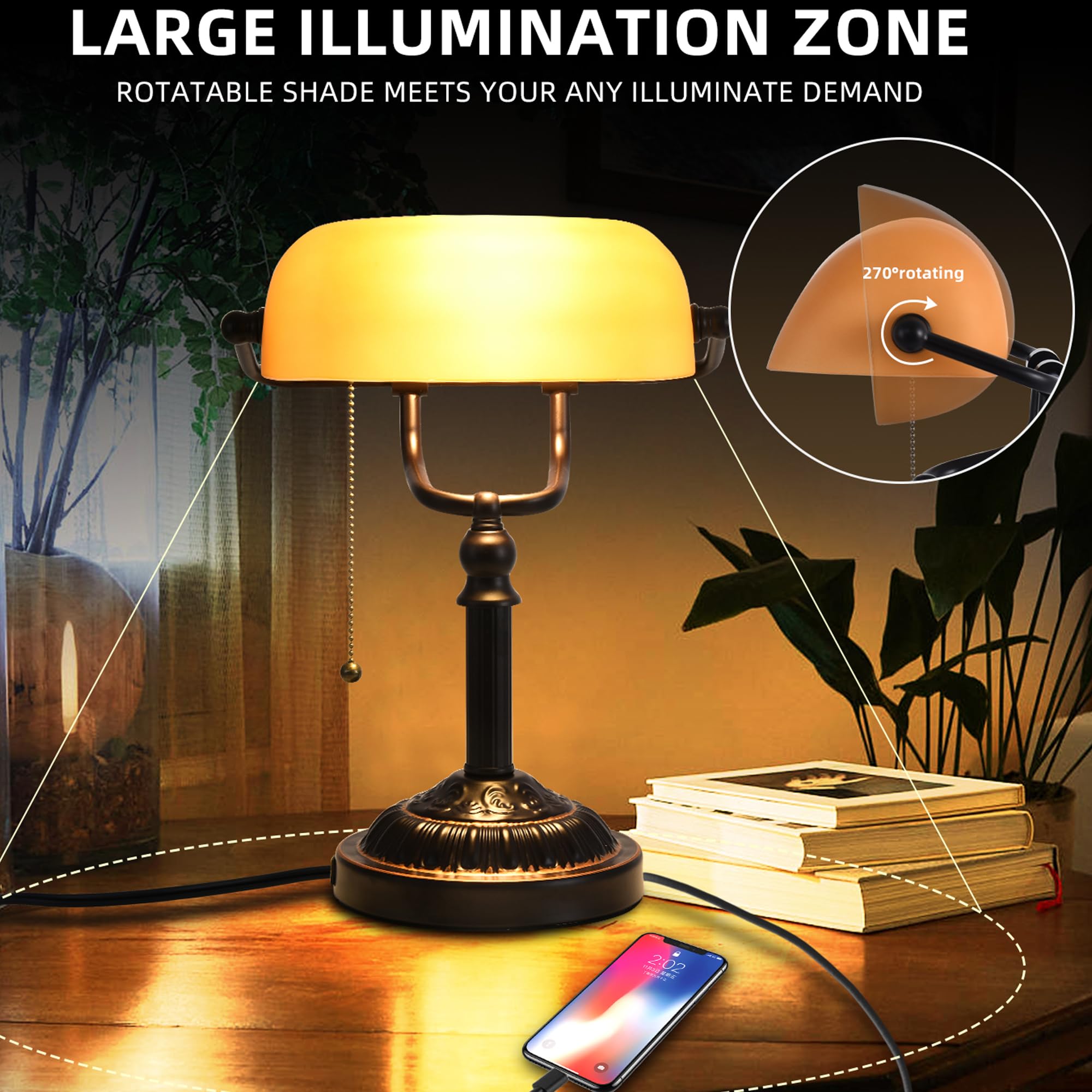 Traditionelle Bankers Lampe mit Zugkettenschalter USB-Anschluss, bernsteinfarbener Glasschirm, Vintage Bibliothekslampe für Büro