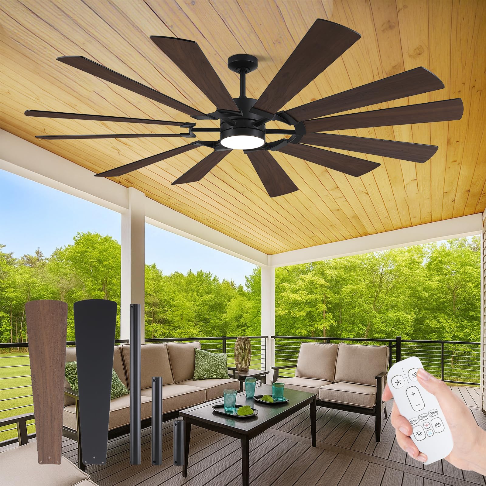 62 Outdoor Farmhouse Ceiling Fan with Lights 12 Blades Dual-Finish Wind Mill Fan 3 Downrods 6-Speed Reversible DC