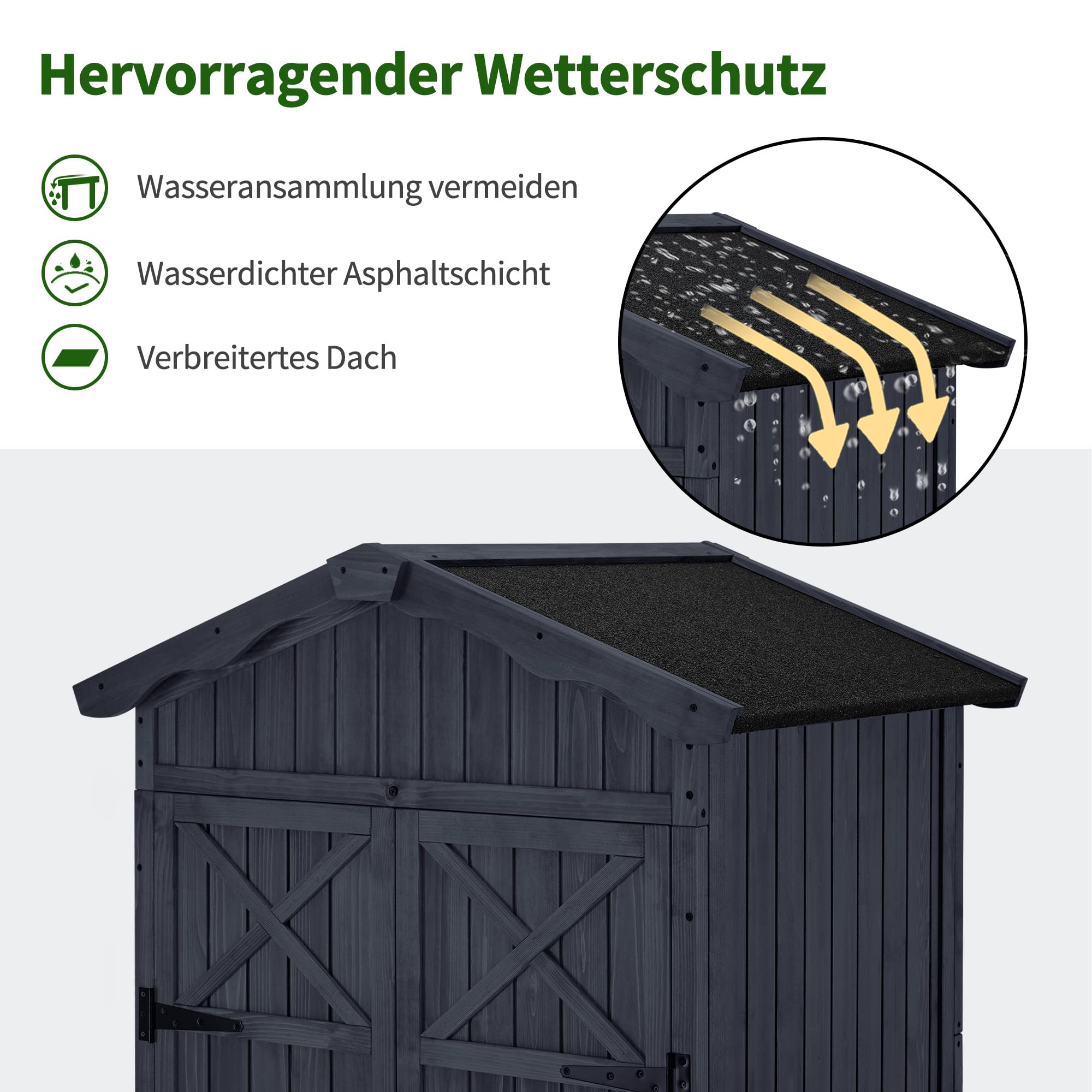 M MCombo Gartenschrank Gartenhaus Holz Wetterfest, Outdoor Wasserdicht Schrank mit Boden, für Außenbereich Balkon Terrasse, Aufbewahrungsschrank mit 2 Bewegliche Regale 74×99×193 cm (Anthrazitgrau)