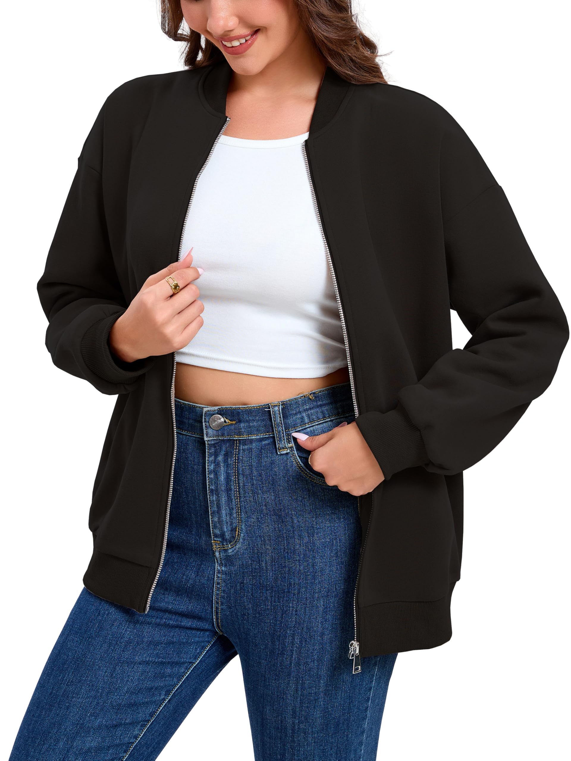 Timuspo Sudaderas con cremallera para mujer, chaqueta bomber de moda, manga larga, holgada, abrigos casuales con bolsillos