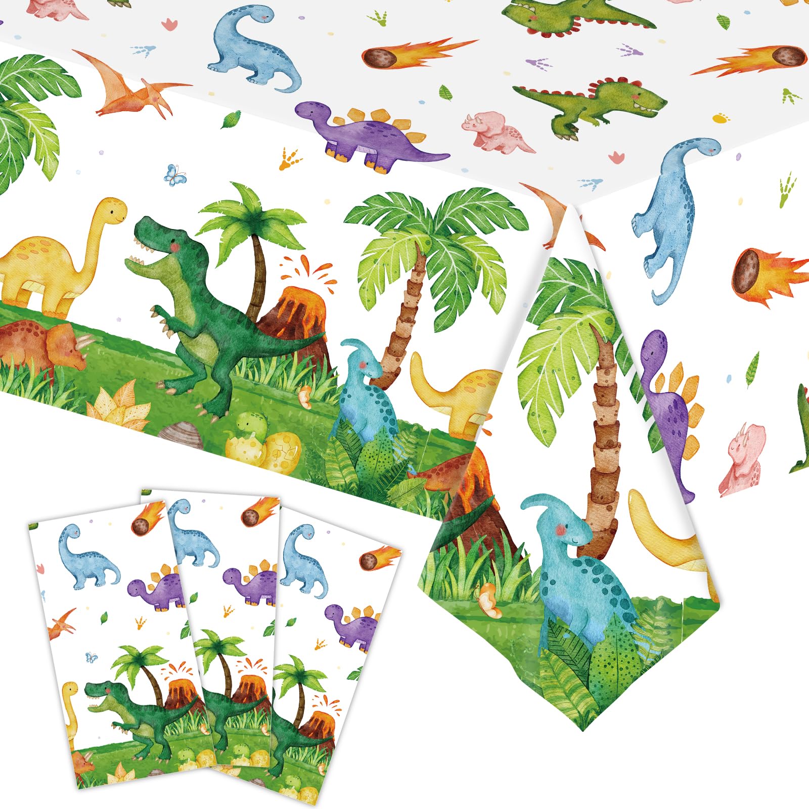 SpinLaLa 3-Piece 54 x 108 Inch Dinosaur Theme Plastic Tablecloth - Disposable Rectangle Table Cover for Dining, Picnic, Birthday, Baby Shower, Dino Party, Festive Themed Indoor Outdoor Decorations