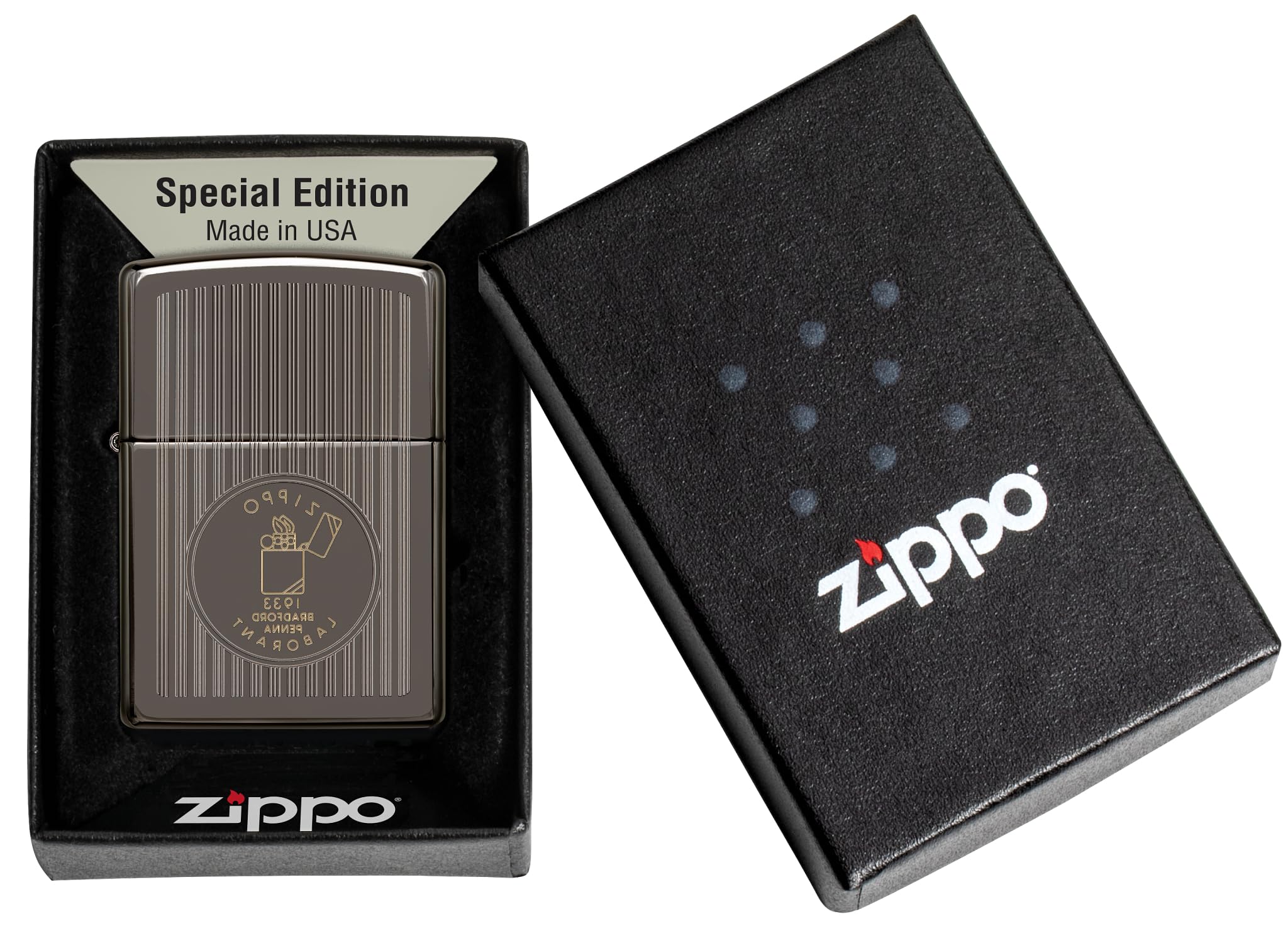 Zippo Sturmfeuerzeug - Founder's Day, Black Ice, Laser Two-Tone - Nachfüllbar - Wiederverwendbar - Windfestes Design - Geschenkbox - Made in USA