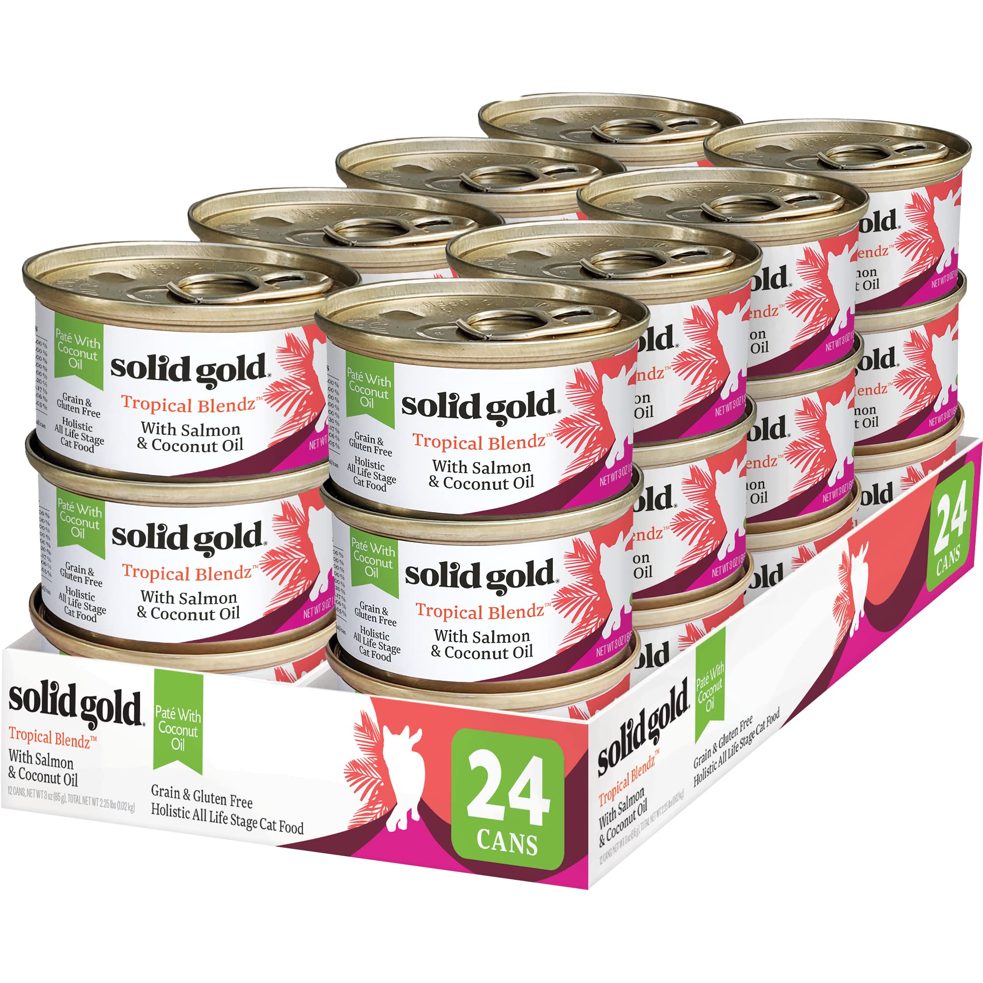 Solid Gold Wet Cat Food Pate in Coconut Oil - Healthy Canned Cat Food Pate w/Real Salmon, Omega Fatty Acids, Vitamins & Minerals - Grain Free & Gluten Free Canned Meals for Cats & Kittens - 24ct/3oz