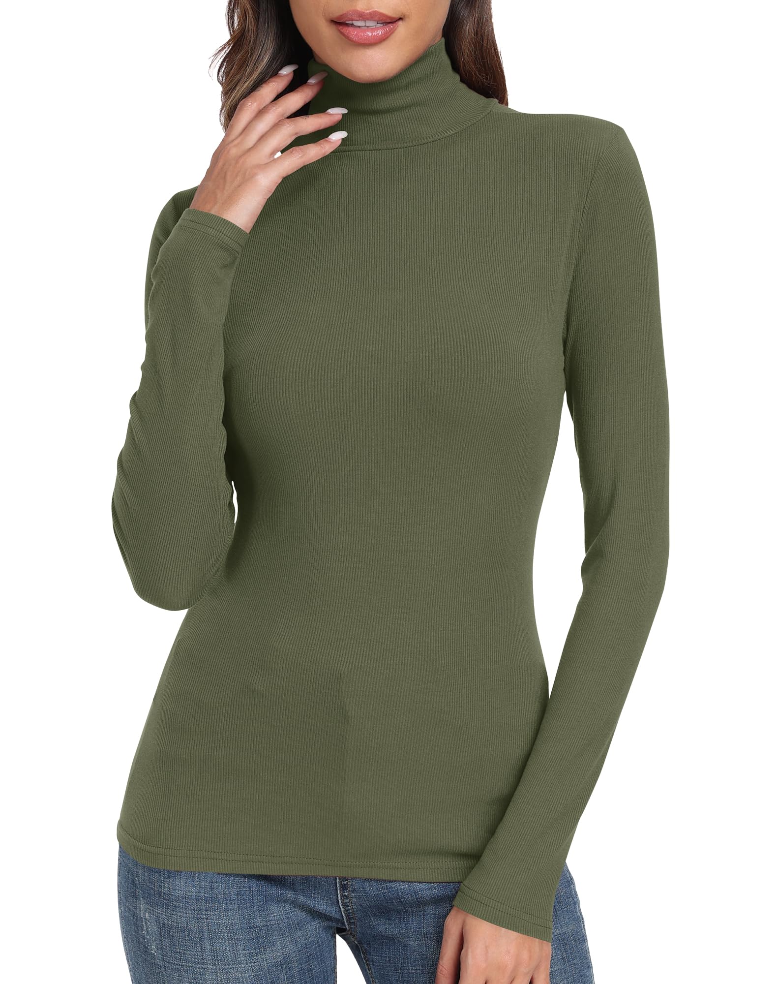 PALINDA Women's Ribbed Turtleneck Fitted Long Sleeve Shirts Basic Thermal Layering Tops