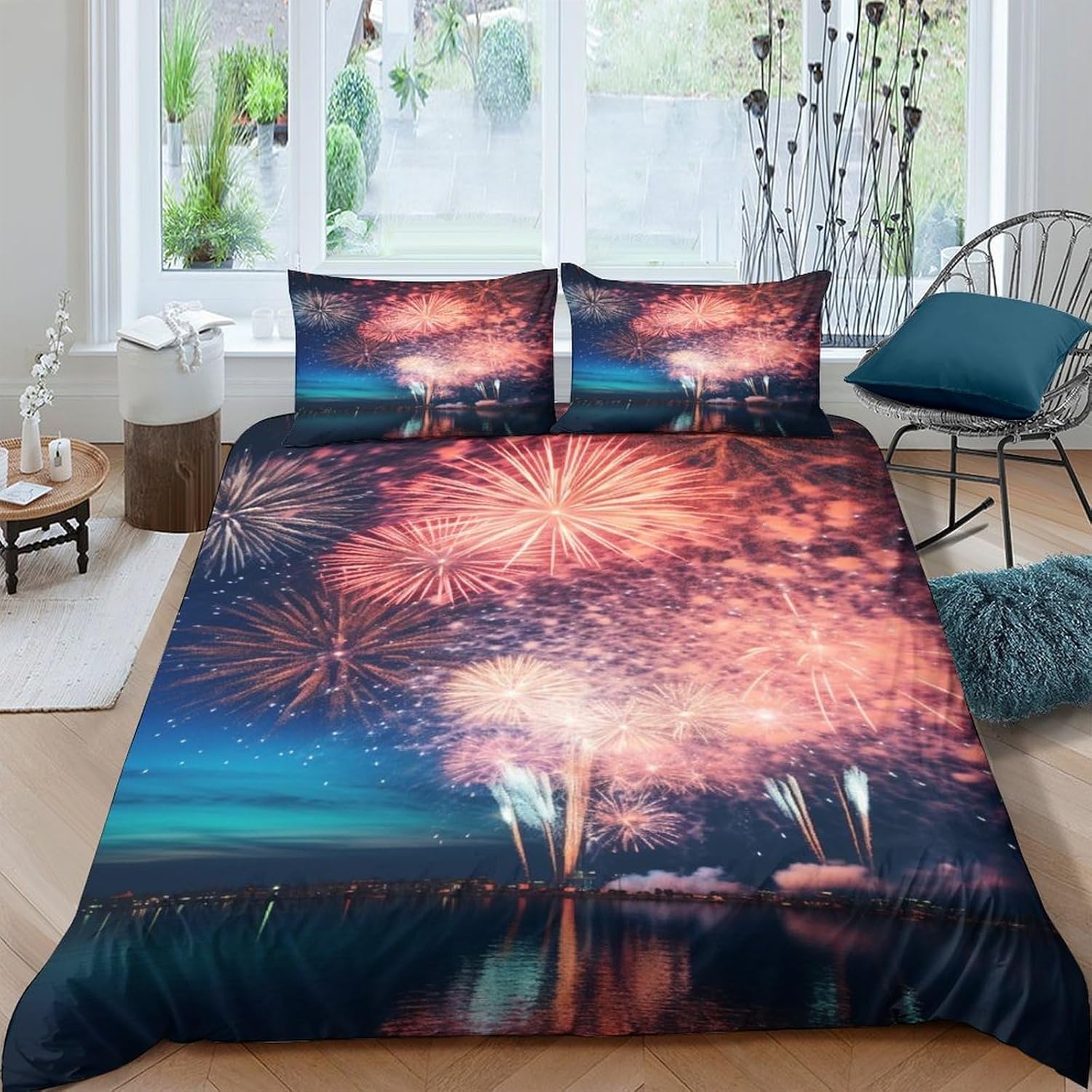 Housse de couette feux d'artifice 3D en microfibre parure de lit 3 pièces
