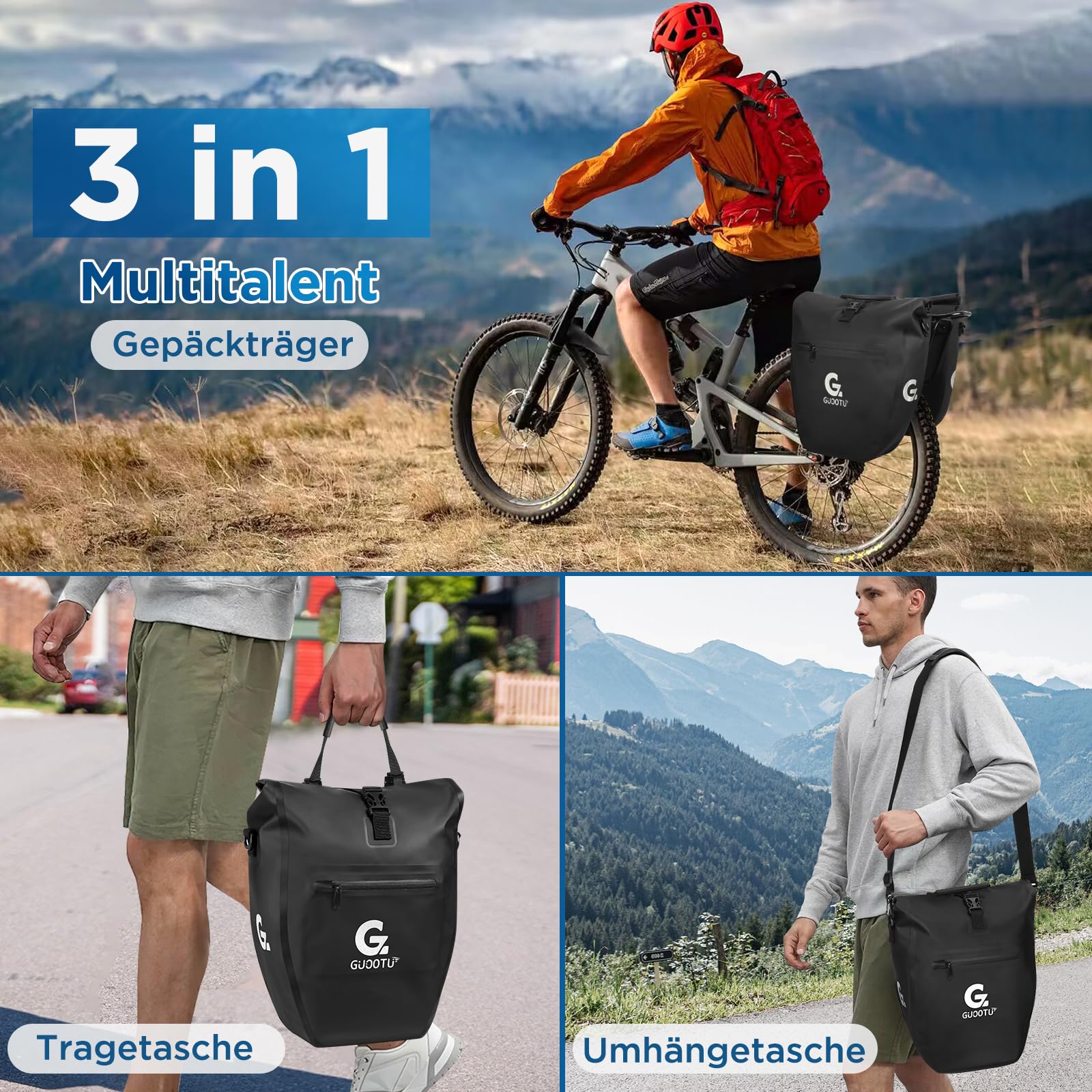 GUOOTU Set van 2 fietstassen, bagagedrager, 48 liter, van zeildoek, achter bagagedragertas met reflectoren, met draaggreep en schouderriem