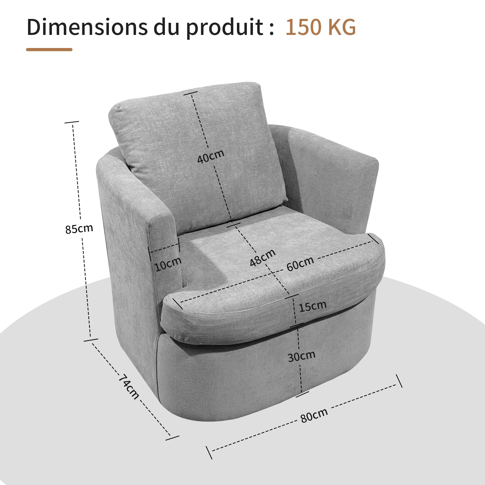 BonVache Fauteuil Tournant, Fauteuil en Chenille, Chaise de Détente Pivotante à 360°, avec Dossier en Forme de U et Assise Rembourrée, Convient pour Le Salon, la Chambre et Le Bureau, Gris