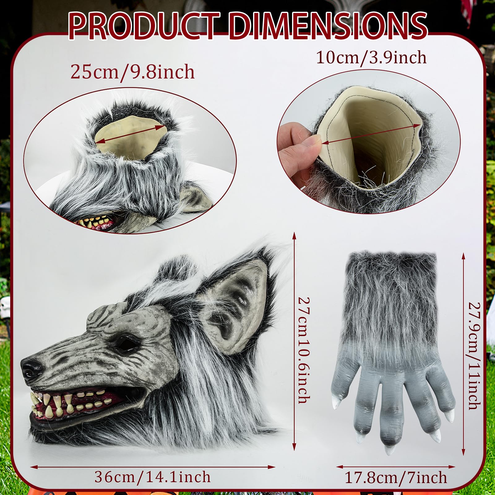 SUNREEK Halloween Horror Wolf Mask with Claws, Party Cosplay Costume Werewolf Mask, Scary Wolf Head Mask for Halloween Costumes