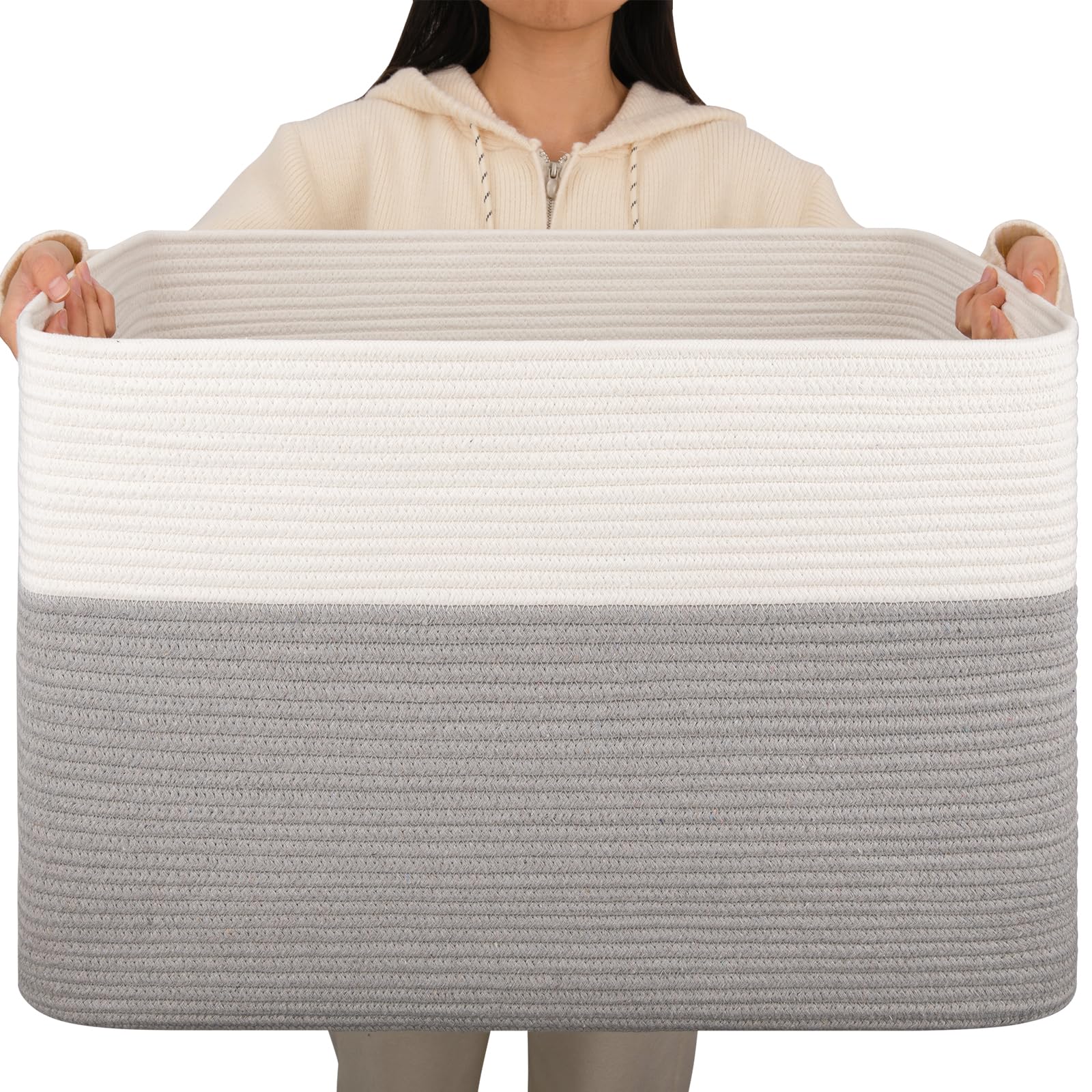 OIAHOMY 108L Extra Large Blanket Basket, 25”x16”x16” Laundry Basket, Blanket Storage for Living Room, Dog Toy Storage with Handle - Grey & White