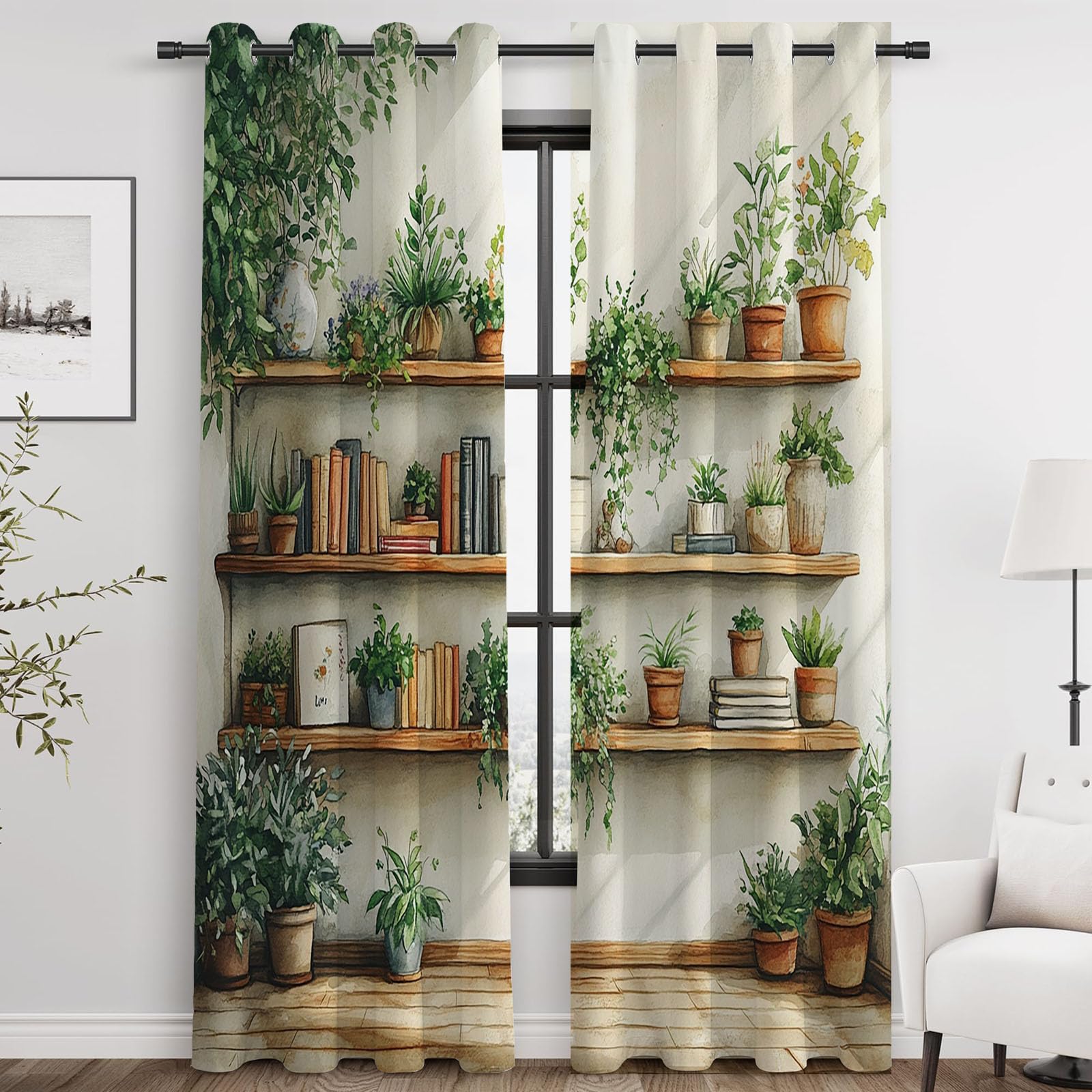 Vorhänge Blätter Blumen Muster Einfaches Pflanzenmuster Vorhänge mit Ösen für Wohnzimmer Botanisch Ösenvorhang für Bauernhaus Schlafzimmer 2er Set-H240 x B140 cm (2er Pack)