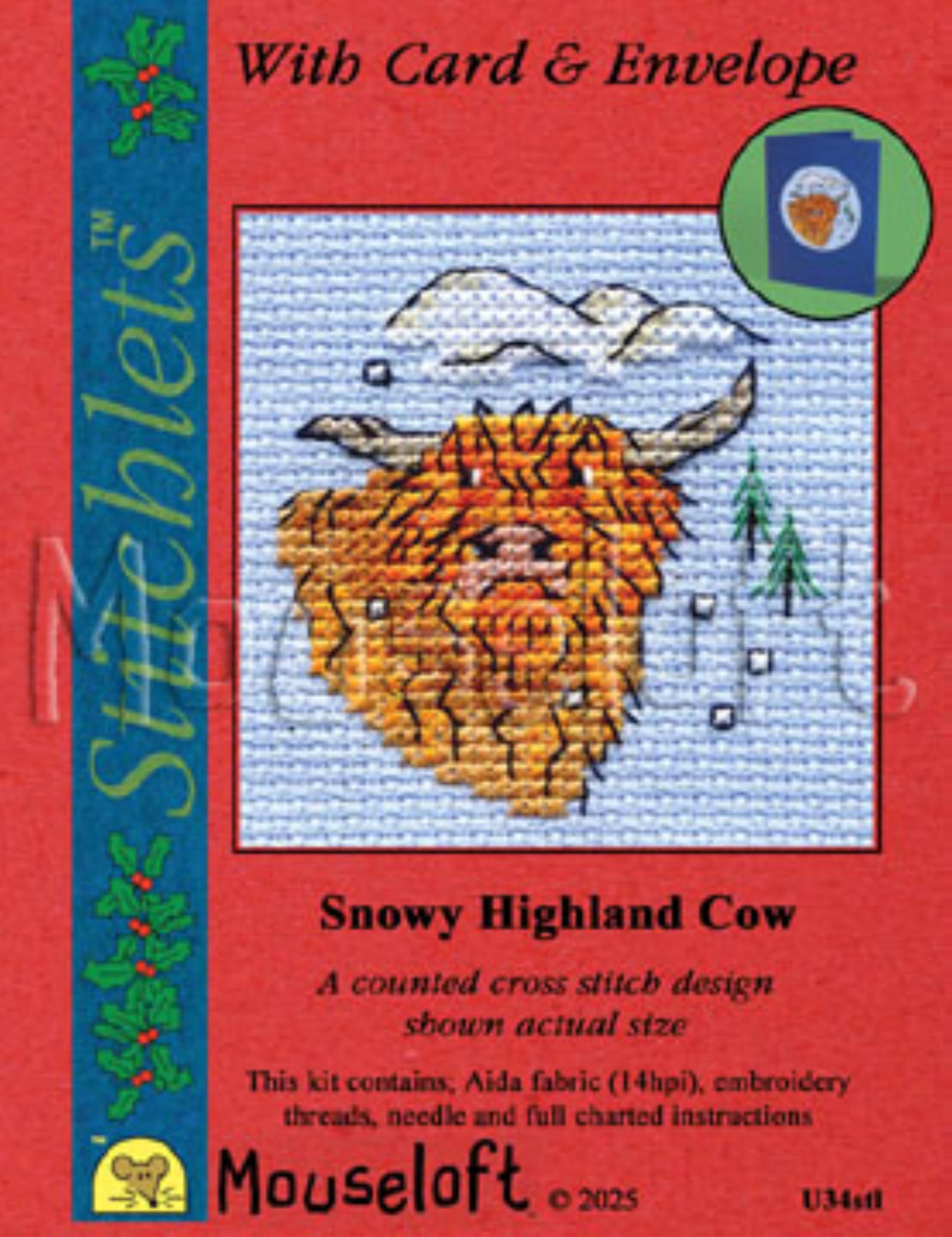 Mouseloft Various Counted Cross Stitch Christmas Card Kit - Snowy Highland Cow - Includes Card And Envelope