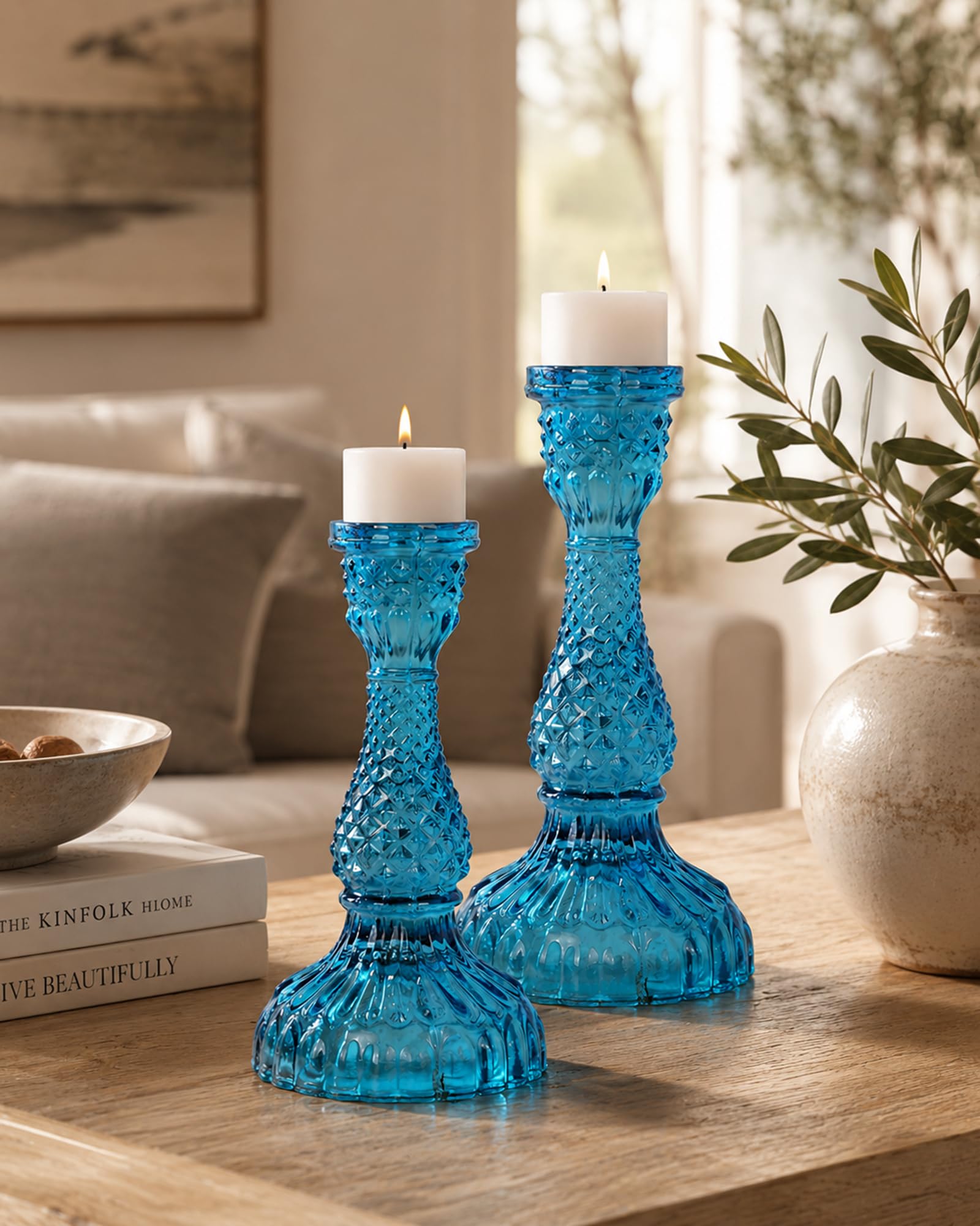 Homesake® Solid Glass Candle Stand Carved SEA Green Set of 2 (Solid (Turquoise Small))-image-11