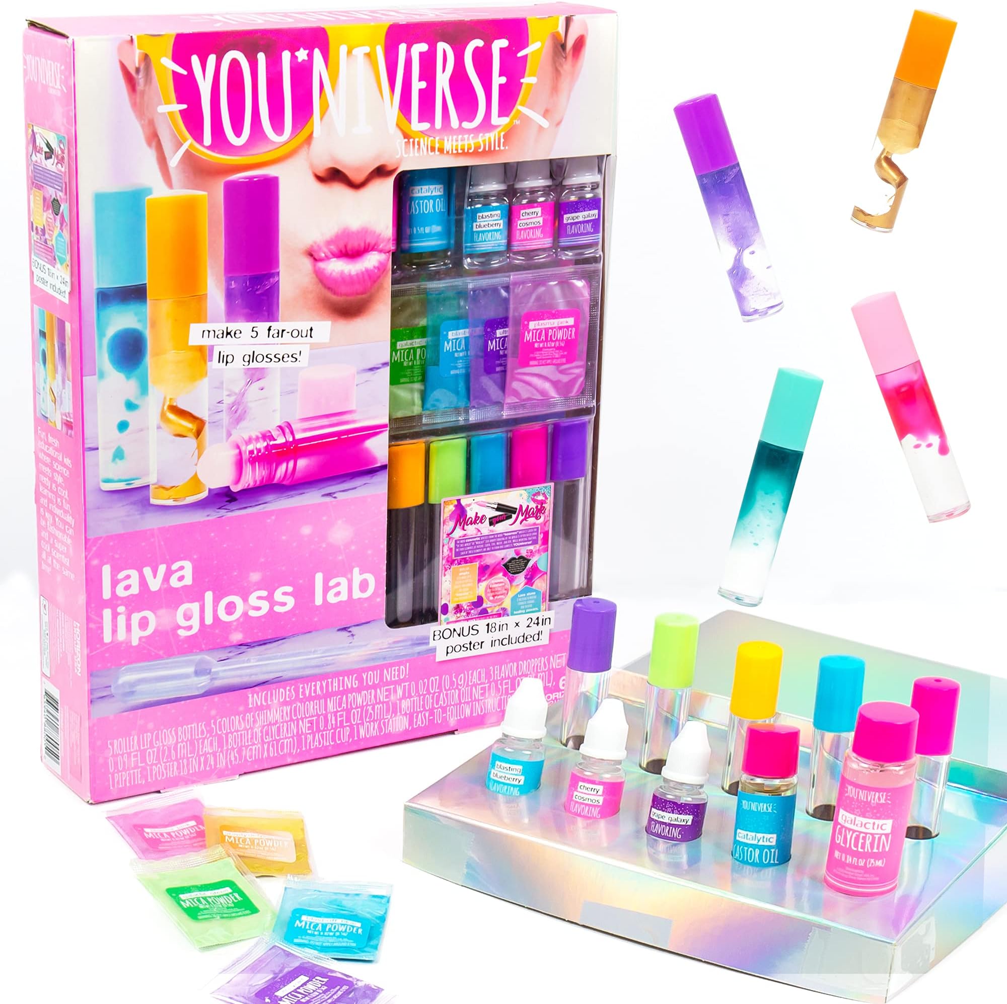 Youniverse Create Your Own Lava Lip Gloss Lab Craft Kit by Horizon Group USA, DIY 5 Lip Glosses, Mix & Create Compounds for Cosmetics, Assorted