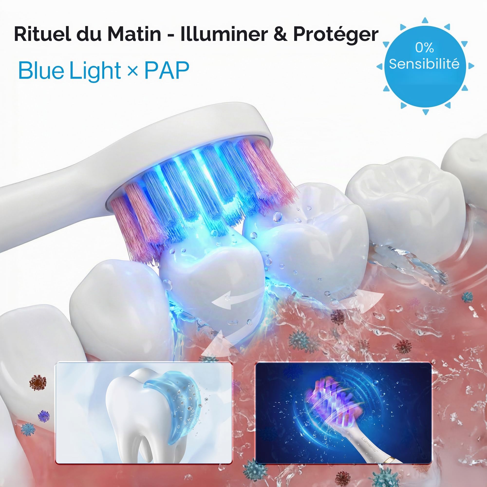 Brosse à dents DermRays Lumenic, système Dual-Light & 3D-Oscillo, lumière rouge & bleue LED, 4 modes, rechargeable USB, dentifrices Jour & Nuit, Or