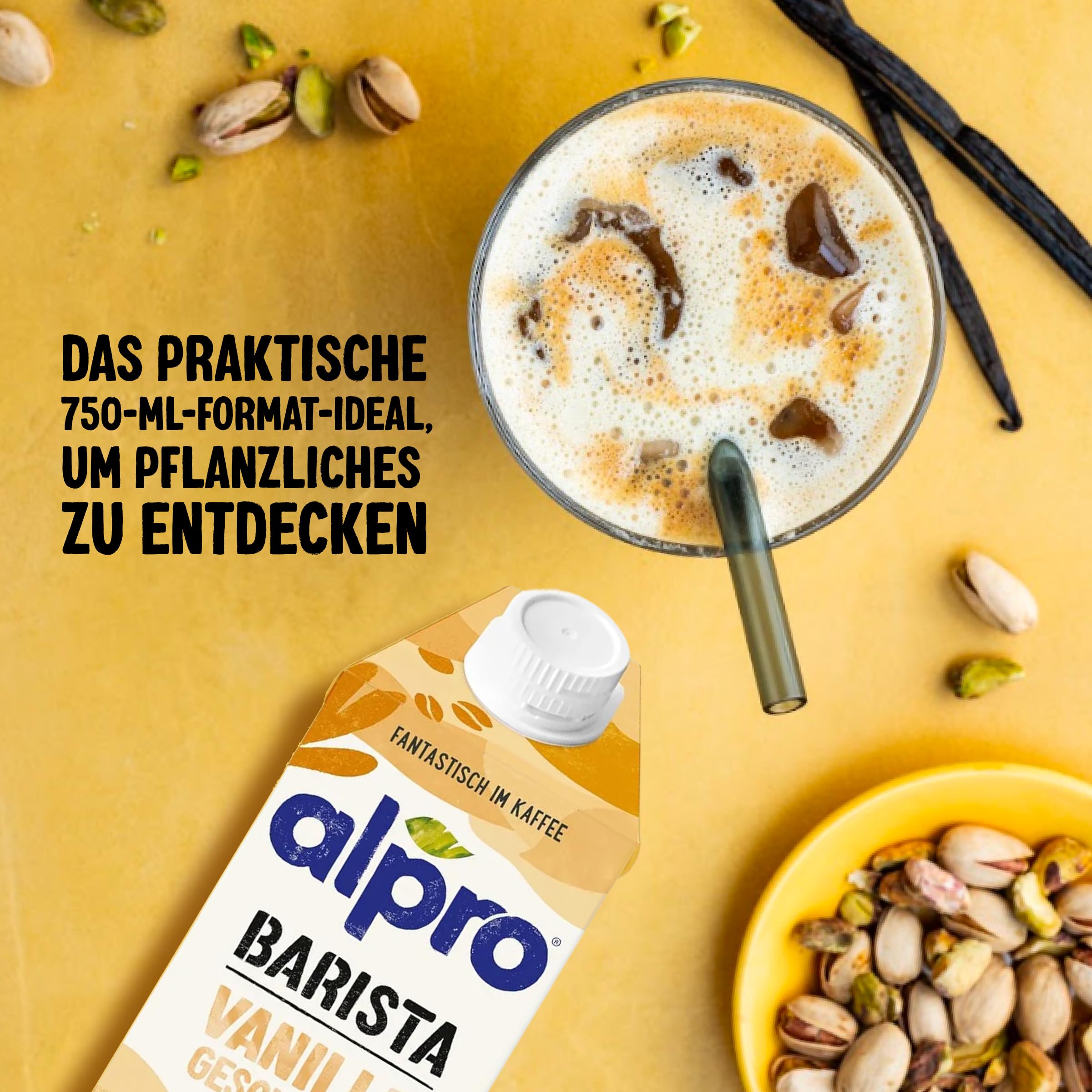 Alpro Barista Vanille – Zum Aufschäumen – Von Natur aus laktosefrei – Reich an Ballaststoffen, Calcium und Vitaminen – 8 x 750 ml – Haltbar