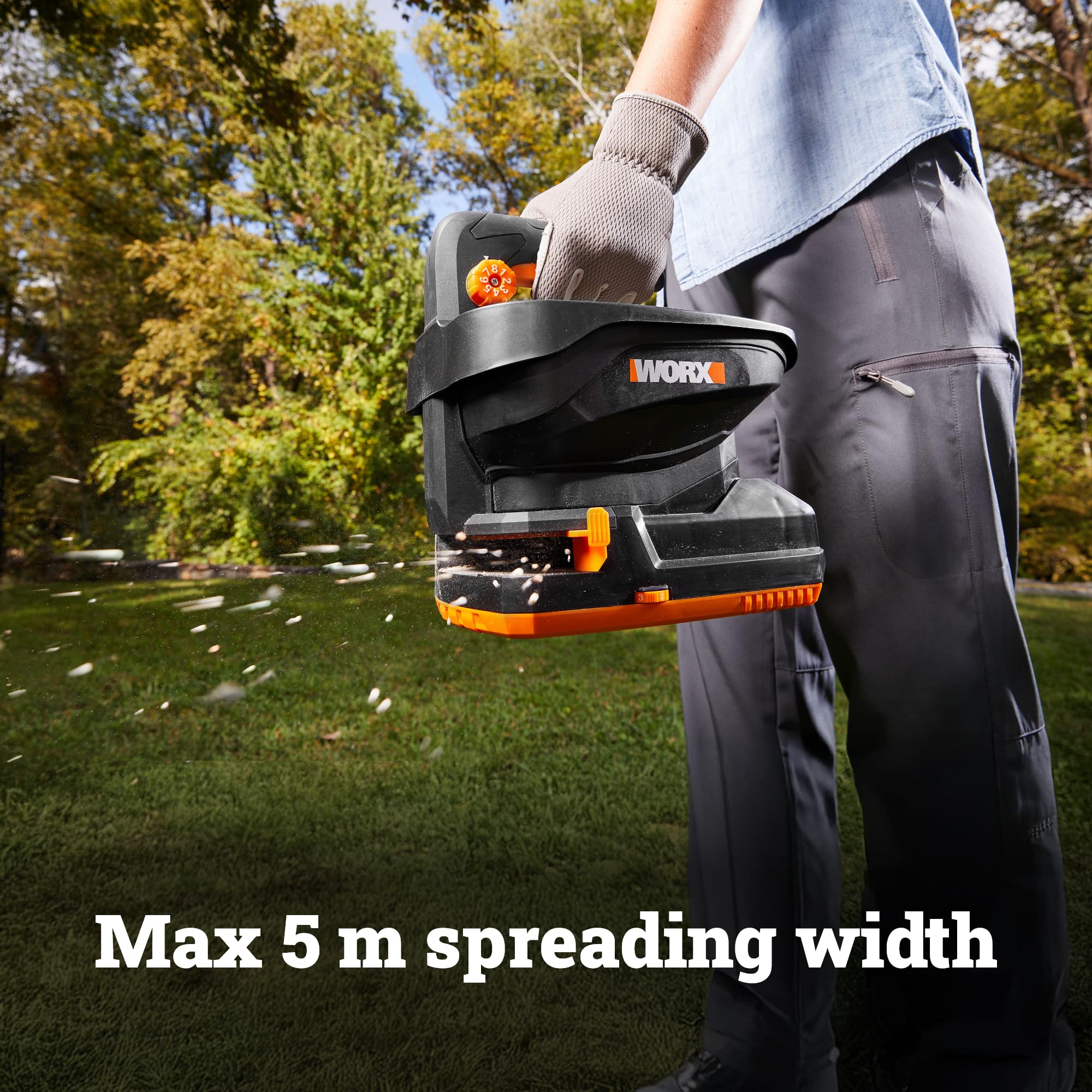 Worx Esparcidor de Semillas y Fertilizantes de 20 V WG869E.9, 5 m de Ancho, tolva de 3,3 l, Cubre 550 m² por Carga, 9 ajustes de Flujo, Control de Bordes, Ligero, PowerShare, Solo Herramienta