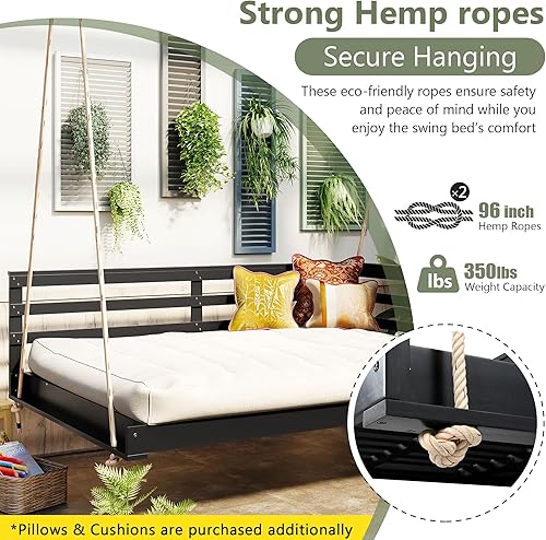 Miniatura 5 de Banco de columpio colgante de mimbre con cojín extraíble y 2 almohadas, cadenas, ratán de polietileno para 2 personas, columpio colgante de porche