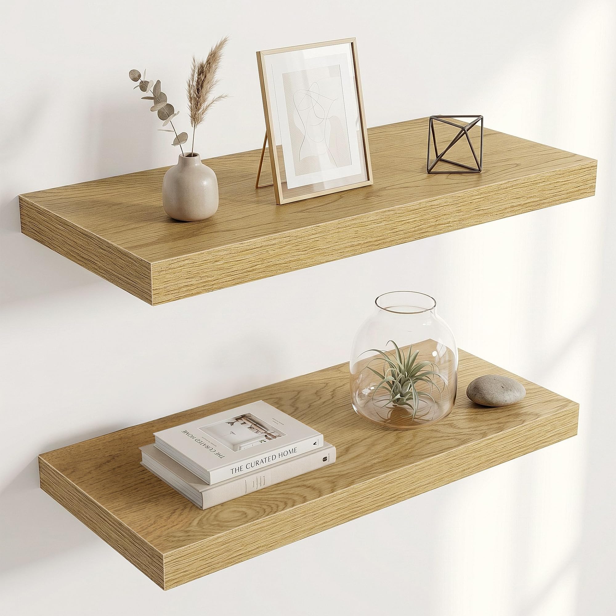 Acovy 25cm Extra Deep Floating Shelves, 60cm Long Wooden Wall Mounted Shelf, Wall Shelves for Living Room Bathroom Bedroom Kitchen, Oak, Set of 2