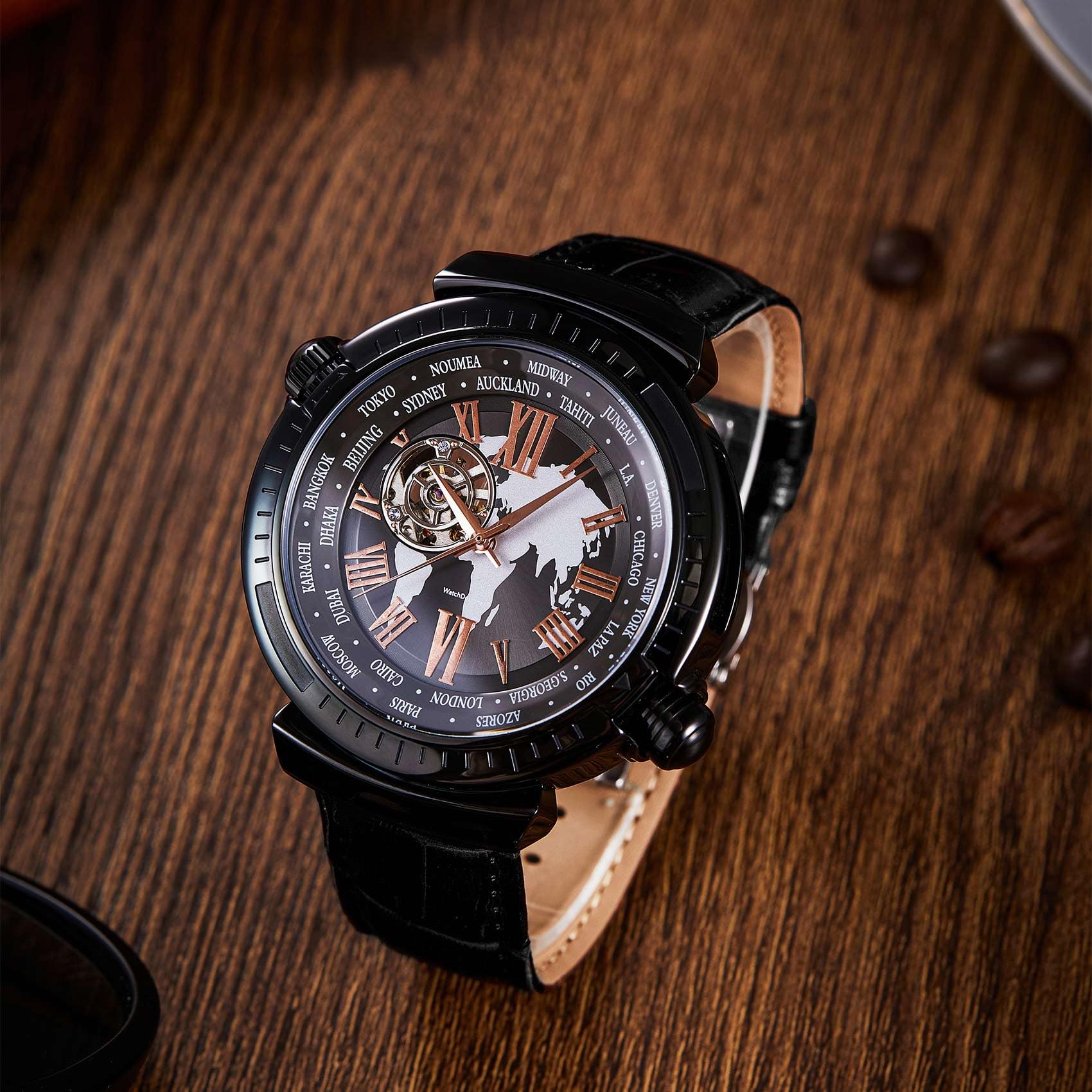 automatik Uhr Herren,Lederarmband 30-100 Meter wasserdicht mechanische Uhr,Vielseitig Mehrfarbig 44-51mm,Geschenk für Herren Uhren automatikuhren,Schwarz | Lederarmband, wasserabweisend, Weltzeit-Zifferblatt, selbstaufziehend, Skelett-Uhren für Herren (ke