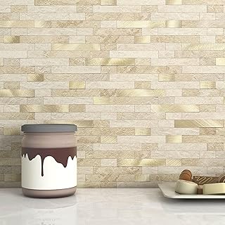 MOFIT 3D Stone Brick Backsplash Tile for Kitchen Peel and Stick Self-Adhesive Wall Tile,Marble Linear Mosaic Tiles Stickers Bathroom Wall Panels Fireplace Vanity (Beige,10sheets)