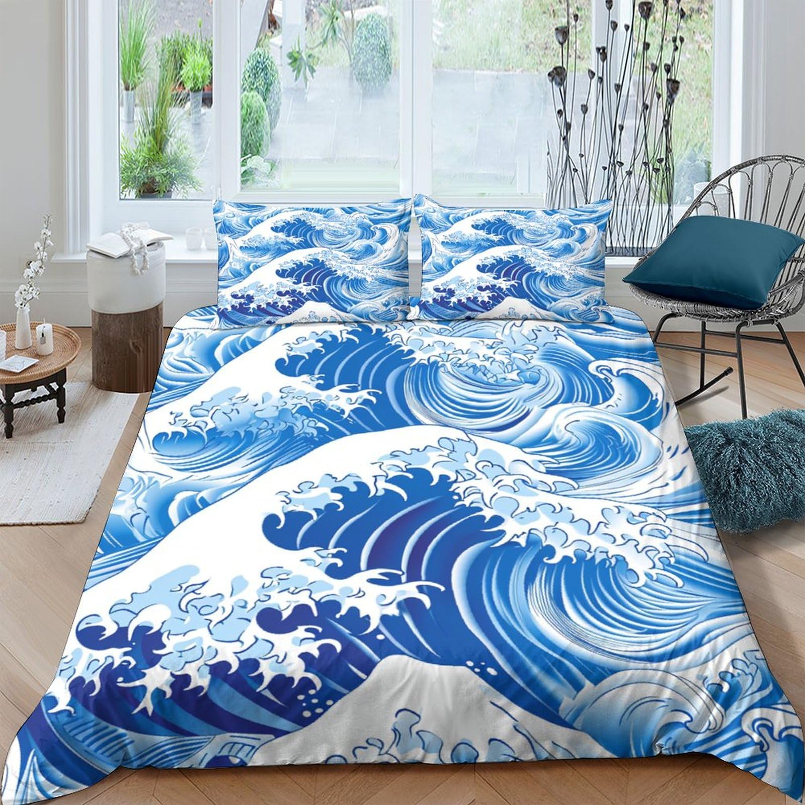 Housse de couette mer 200x200cm avec 2 taies d'oreiller, parure de lit 3D vagues microfibre douce