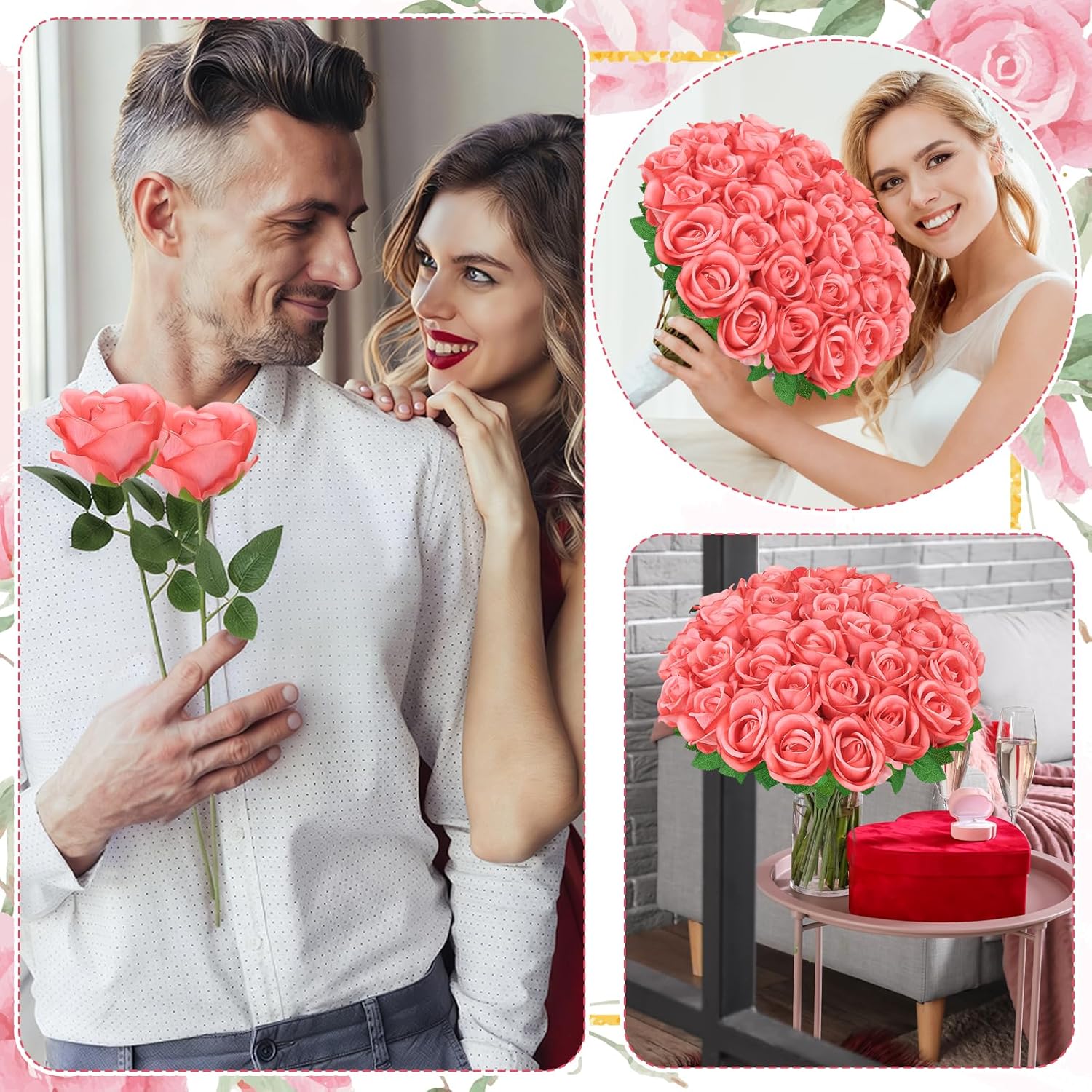 Pack of 36 Pink Artificial Roses, 51 cm Long Stem Artificial Dark Red Roses, Realistic Artificial Roses for Wedding Ramos, Home Decoration, Party Arrangements, Hotel and Garden Decorations