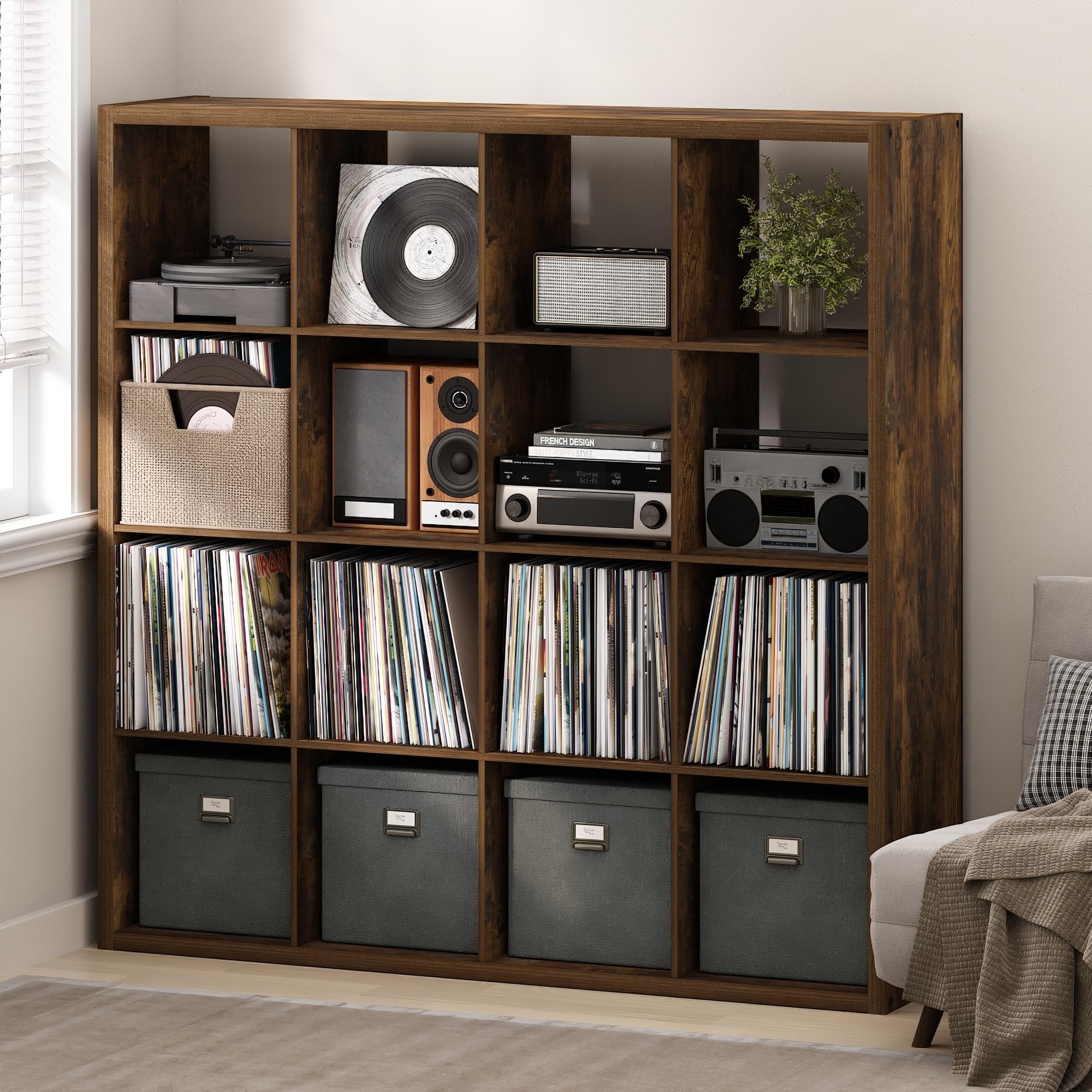 Furinno Cubicle Record Player Stand, 16-Cube Record Storage, Amber Pine