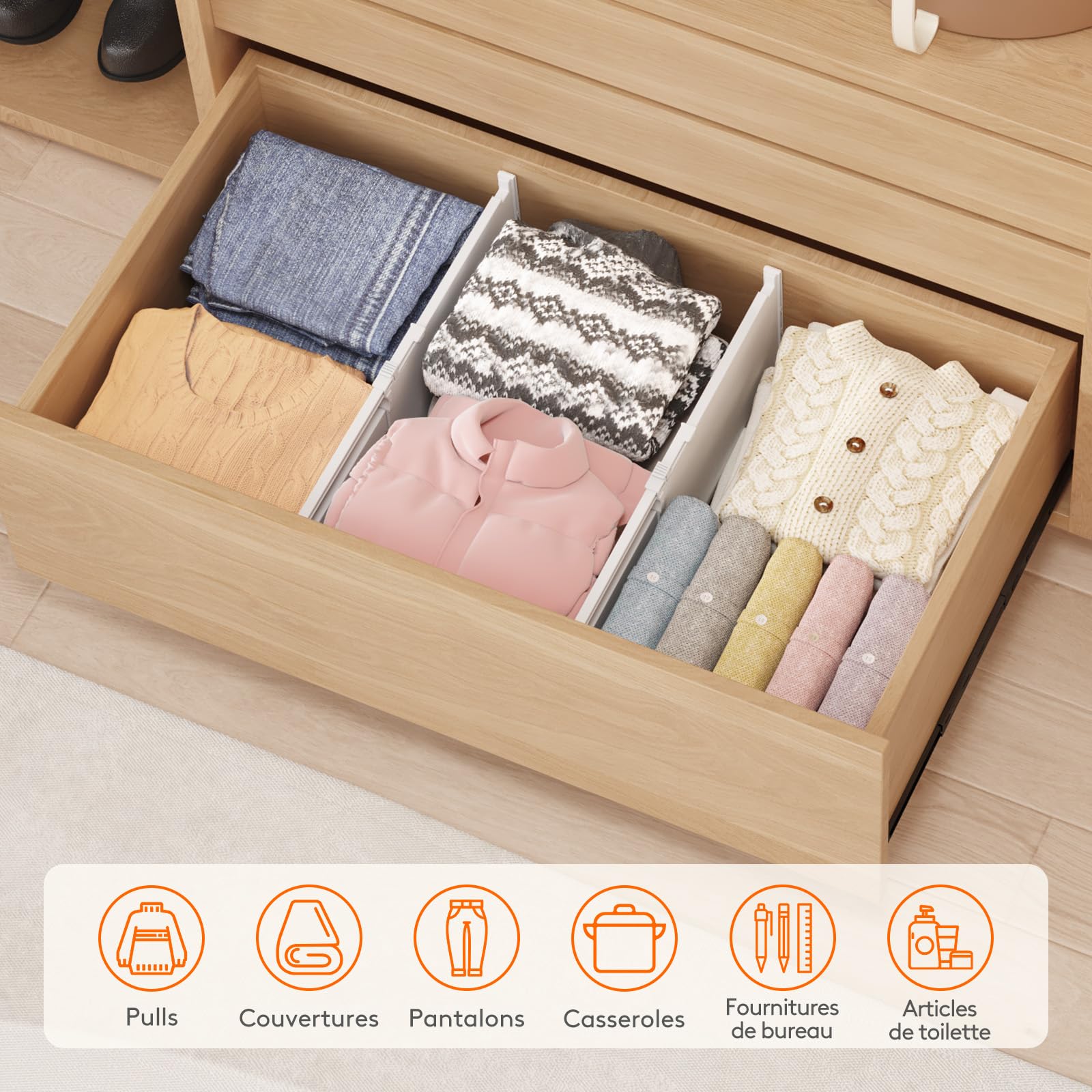 Lifewit Séparateur de Tiroirs Réglable Extensible, Organisateur de Tiroirs pour Vêtements, Diviseur de Rangement Blanc pour Armoire, Cuisine et Bureau, Longueur 35-55 cm, Hauteur 20.5 cm, Lot de 8