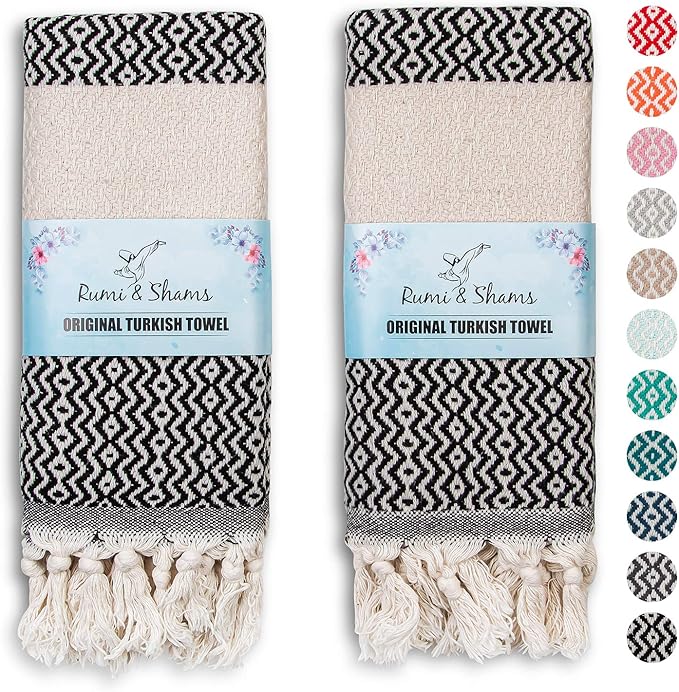 Turkish Hand Towels for Bathroom | 2 pcs Decorative Bathroom Towels | 100% Cotton Farmhouse Kitchen Towels | 16x35 Boho Hand Towels | Oeko-Tex Certified Dark Gray Hand Towels | by Rumi&Shams