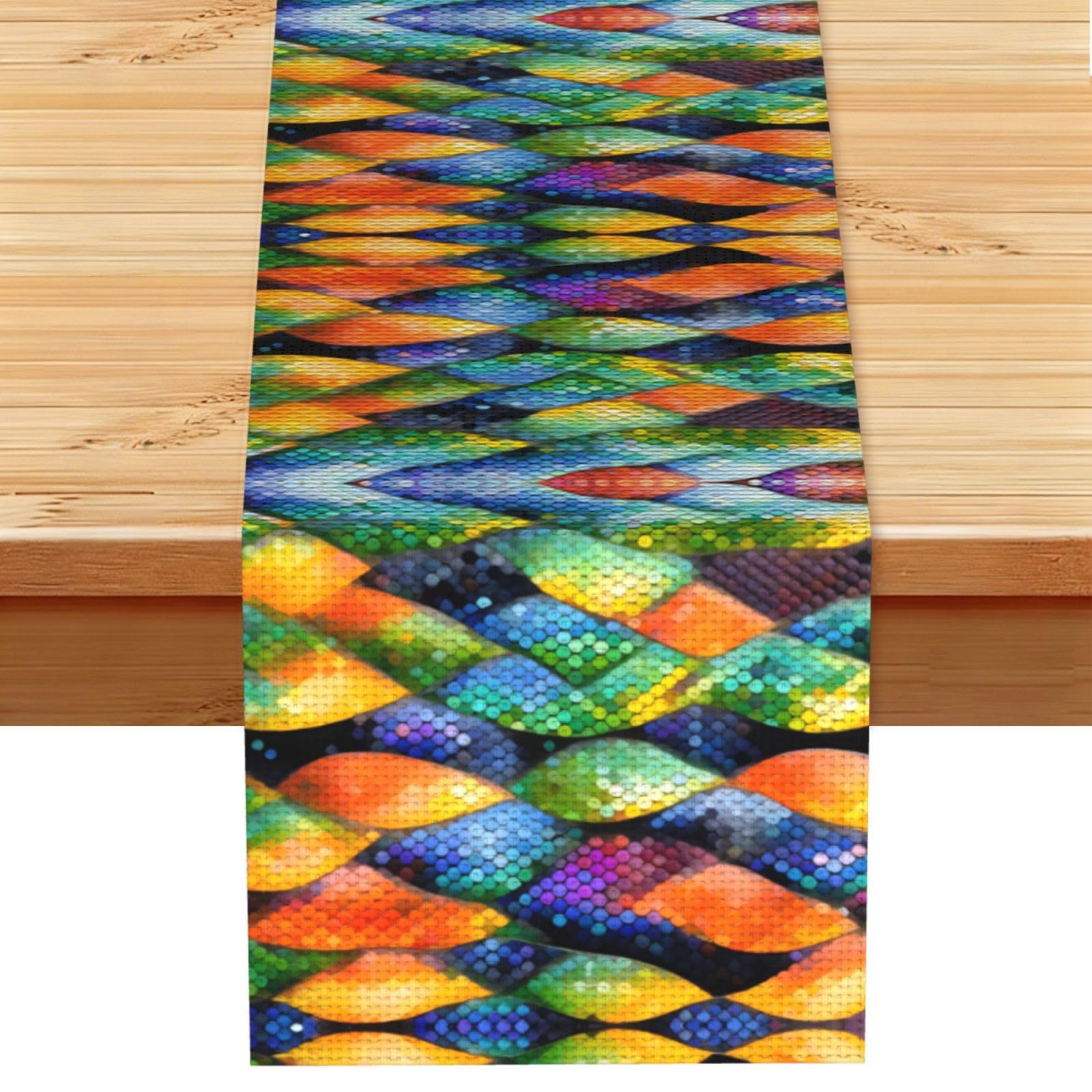 Rainbow Fish Scale Linen Look Table Runner 13x72-Wrinkle Resistant Farmhouse Style for Dining Table Decor