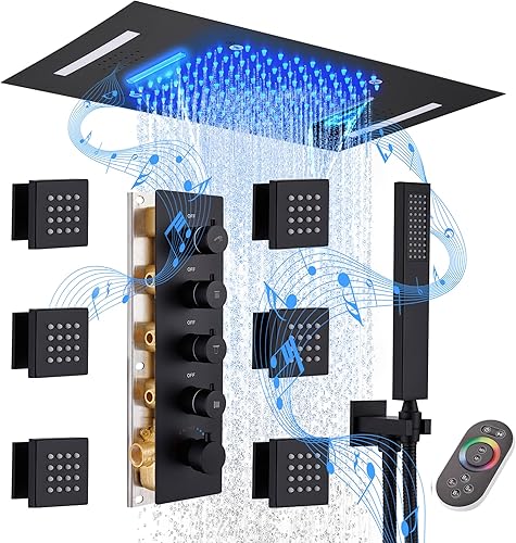 MONDAWE Sistema de ducha LED para baño, cabezal de ducha doble de lluvia de 12 pulgadas con rociador de asa, juego de ducha termostática de 3