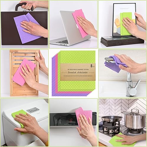 Miniatura 6 de Paños suecos – Paquete de 8 toallas de mano reutilizables y absorbentes para cocina, mostradores y platos – Paño de esponja de celulosa – Regalos