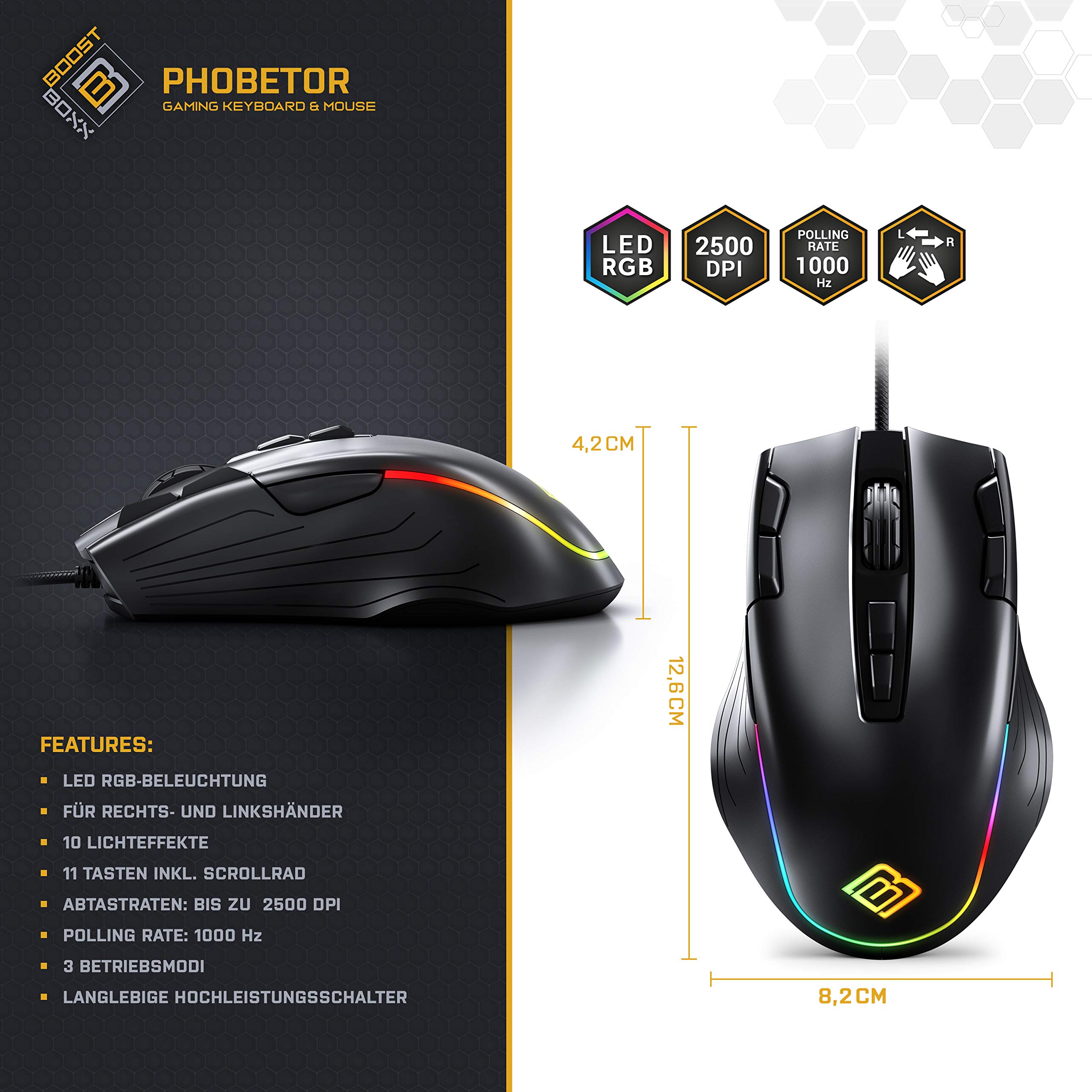 BoostBoxx Phobetor - Gaming Tastatur & Maus Set mit RGB-Beleuchtung - QWERTZ-Tastatur mit programmierbaren Makros - Maus für Rechts- und Linkshänder mit 11 Tasten und bis zu 2500 DPI