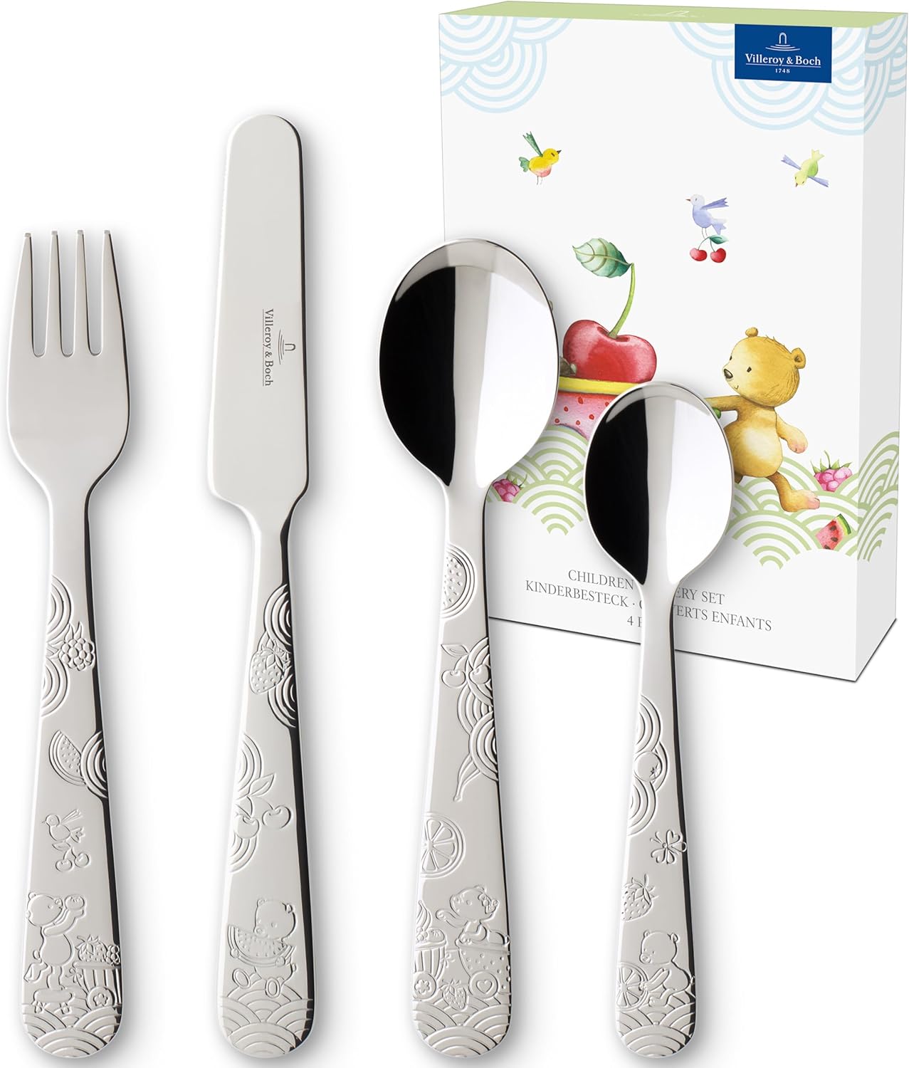 Villeroy & Boch – Hungry as a Bear Children Cutlery Set 4 Pieces Kids, Dishwasher Safe, Kid Cutlery, Knife, Fork and Spoon for Kids, Stainless Steel