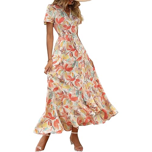 PRETTYGARDEN Womens Summer Wrap Maxi Dress Casual Boho Floral V Neck Short Sleeve Ruffle Hem Split Beach Long Dresses
