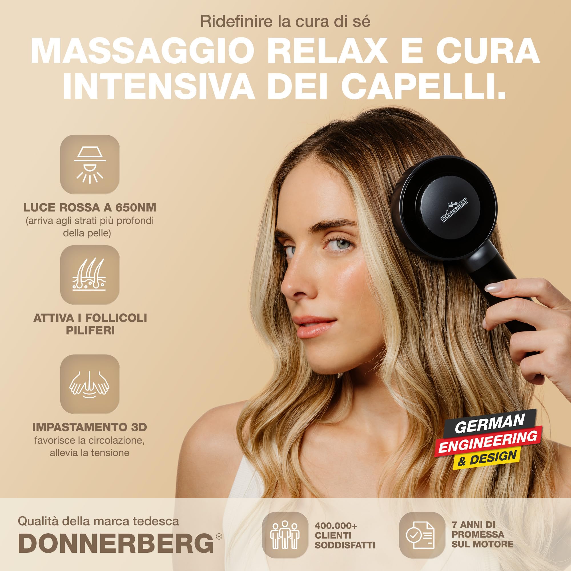 DONNERBERG® MIO Applicatore Elettrico per Olio per Capelli e Cura del Cuoio Capelluto | Garanzia di 7 Anni sul Motore | Spazzola Elettrica con Luce Rossa | Rilassamento, Sollievo dallo Stress