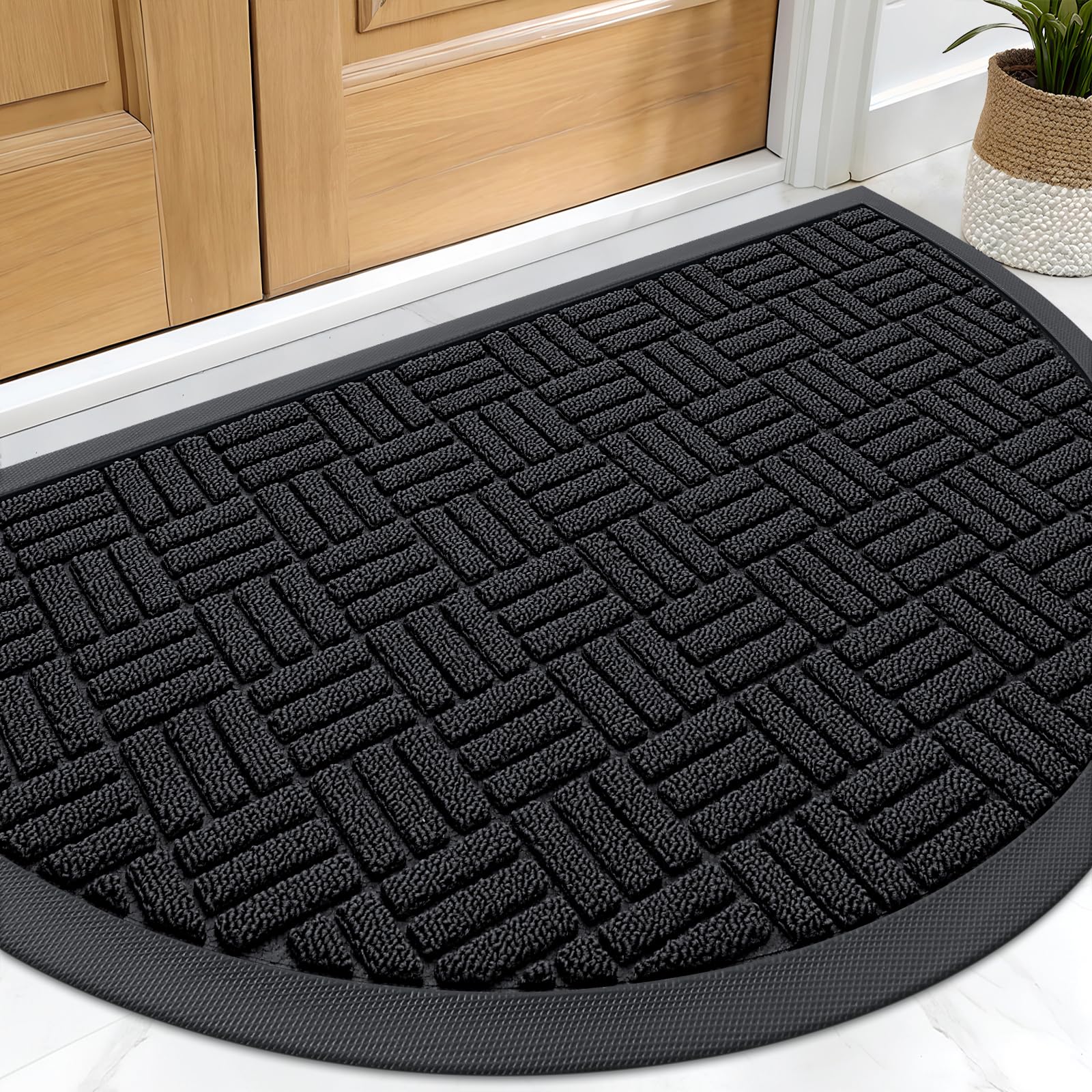 OLANLY Half-Circle Front Door Mat 29.5x17, Heavy-Duty Rubber Doormat | Black, Absorbent, Stain and Fade Resistant, Non-Slip Backing, Low-Profile Indoor Outdoor Floor Mat for Entrance and Entryway