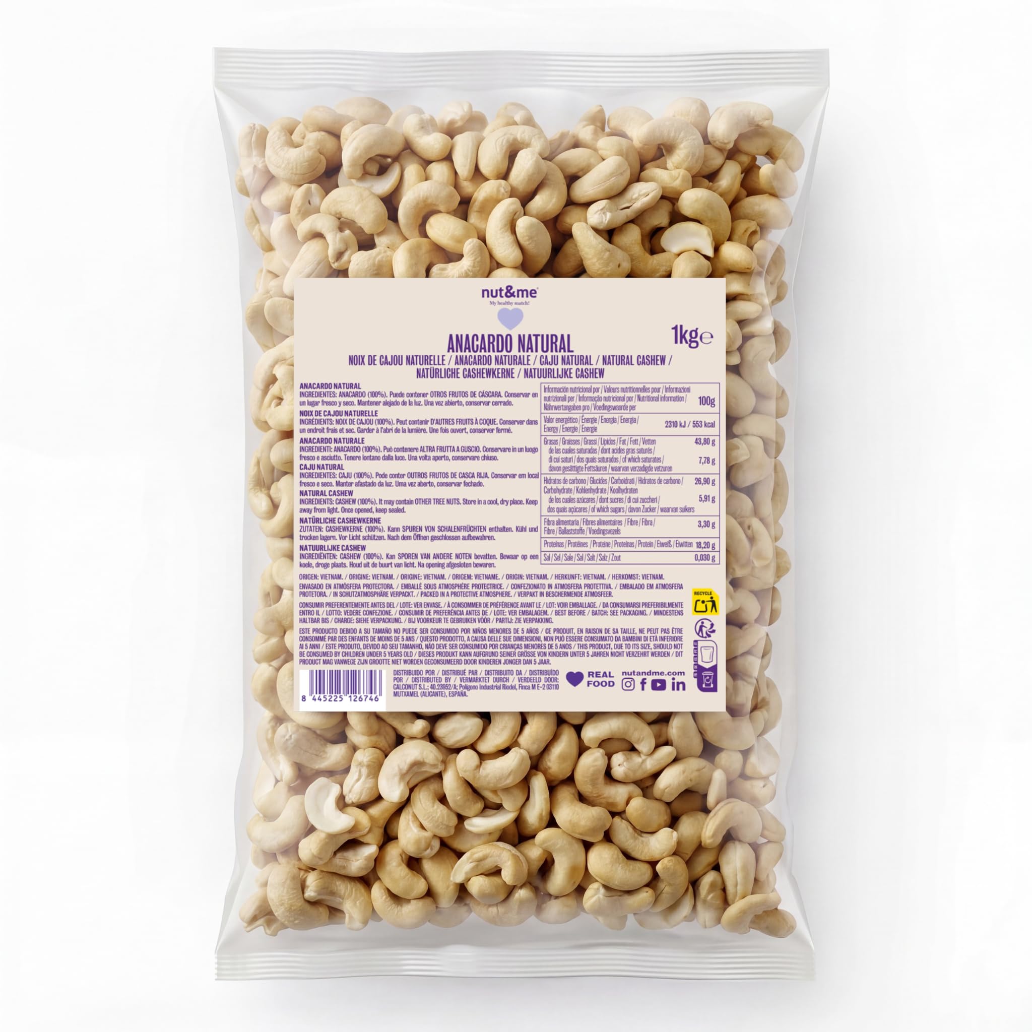 Anacardos crudos natural 1 kg nut&me | Keto | 100% natural | Sin sal | Keto | Sin aditivos | Fuente de proteínas | Fuente de fibra | Sin gluten | Vegano y vegetariano | Sin lactosa
