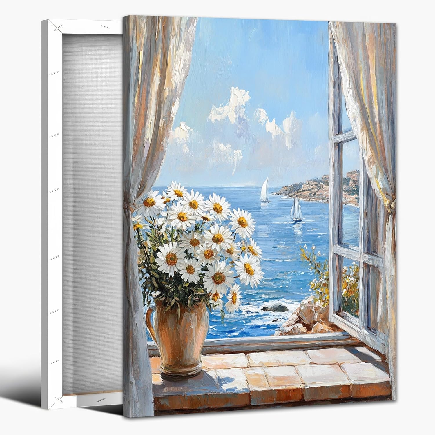 Beach Wall Art Daisy Flower Paintings Open Window Canvas Wall Art Prints, Floral Canvas Sailboat Sailing in the Sea Beach Themed Scenery Canvas Paintings Modern Artwork for Bathroom Kitchen 18"x24" Floral Canvas10 18x24 Inches