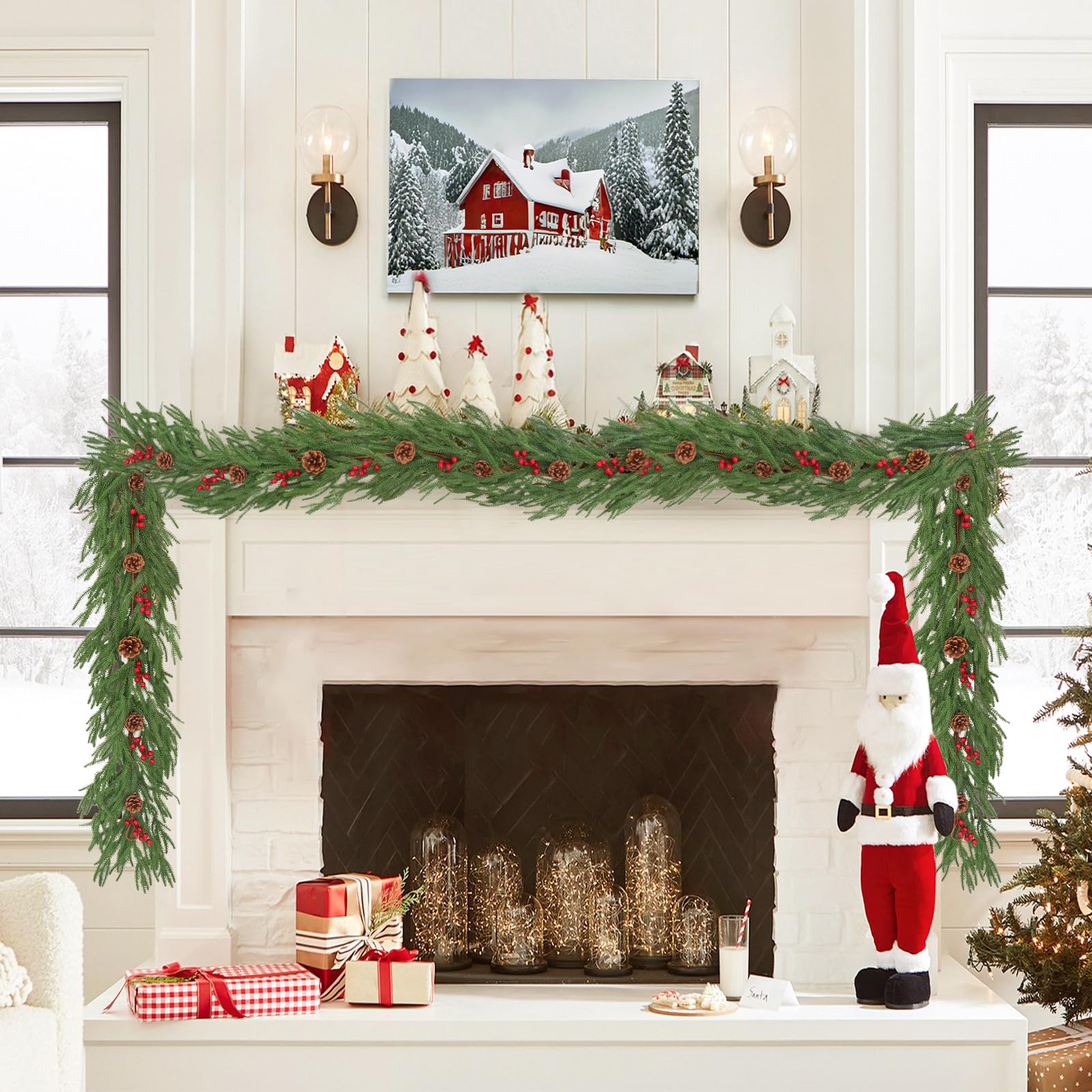 Lot de 2 guirlandes de Noël de 1,8 m avec Baies Rouges et Pommes de pin artificielles pour Sapin de Noël, Maison, Vacances, décoration