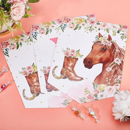Miniatura 5 de Cartel de cumpleaños con diseño de caballo para niñas, diseño de vaquera rosa con diseño de botas de caballo para decoración de fiesta de cumpleaños