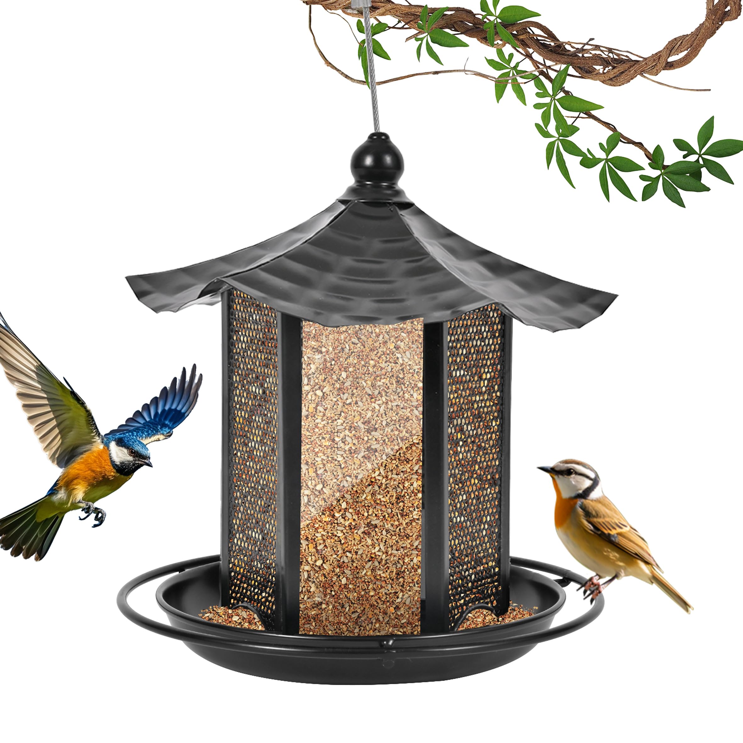 CVHOMEDECO. Mangiatoia per uccelli per esterni, da appendere, in metallo, per uccelli selvatici, decorazione esterna da giardino, cortile, a forma esagonale con tetto, nero