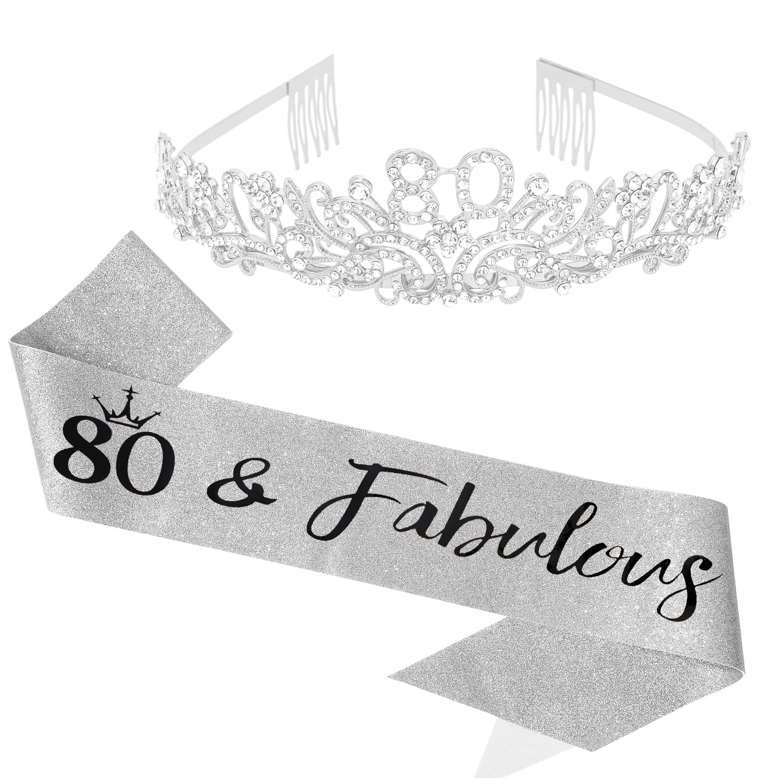 Norbiariz 80th Birthday Sash and Rhinestone Tiara Set Silver Glitter 80 & Fabulous Sash Crystal Crown Birthday Party Decorations Accessories for Women