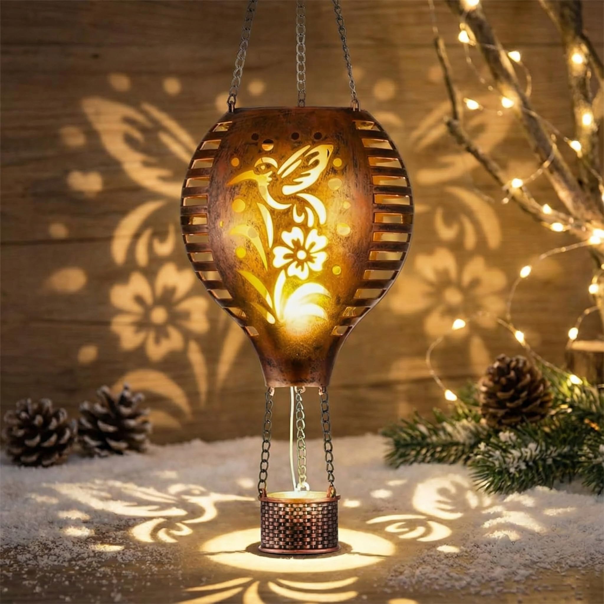 TERESA'S COLLECTIONS Garden Ornament Outdoor, 45CM Copper Hummingbird Garden Solar Light, Hanging Solar LED Balloon Lantern, for Balcony & Tree, Gifts for Women
