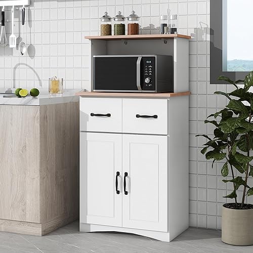 JIEJIEGAO Armario de cocina de madera, encimera plana y 2 cajones, gabinete con estantes ajustables, gran espacio abierto para microondas, (blanco)