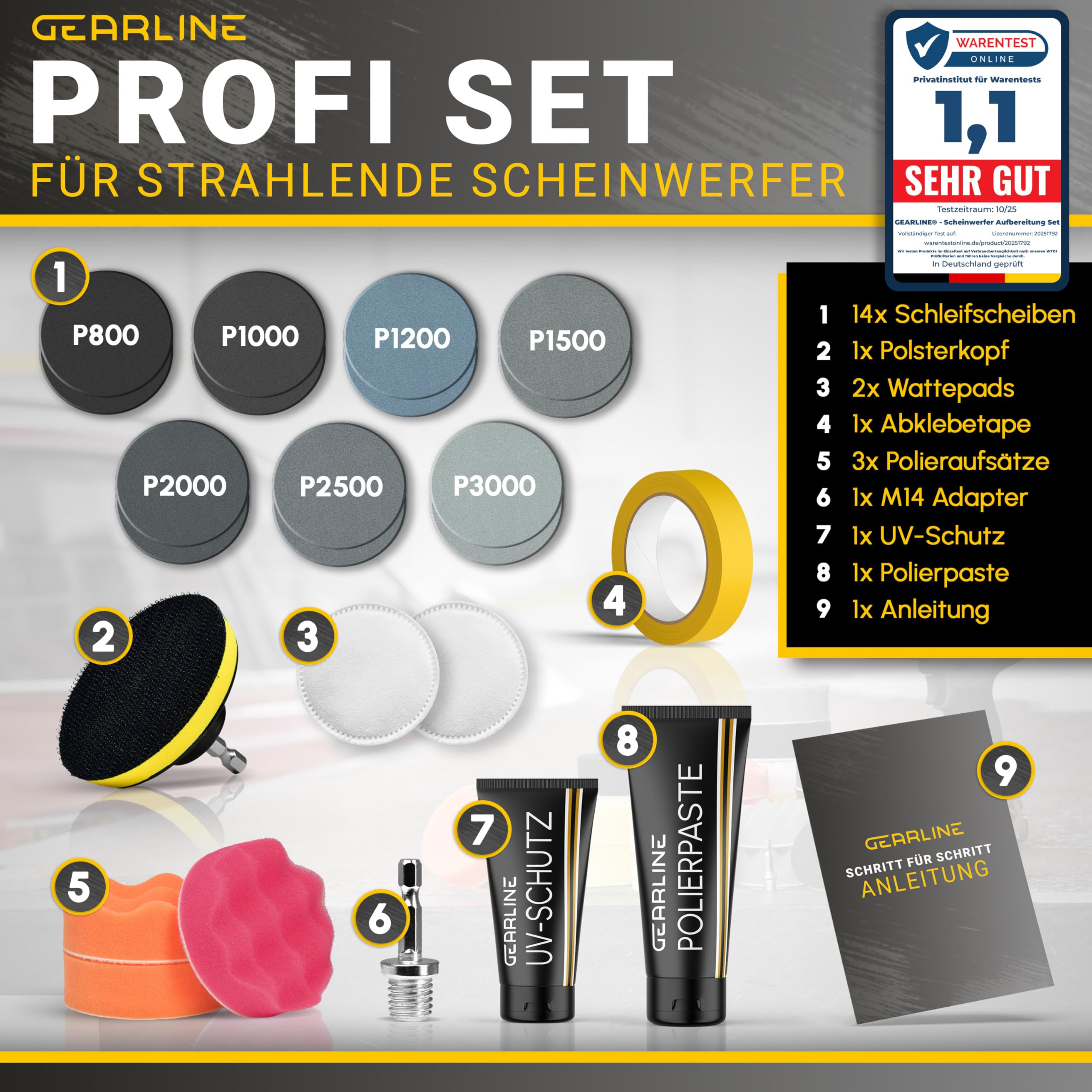 Scheinwerfer Aufbereitung Set [24 Teile] - Polierset für matte & blinde Scheinwerfer - Inkl. UV-Schutz, Polierpaste, Adapter & 14 Schleifscheiben - Auto Polierset zur Aufbereitung