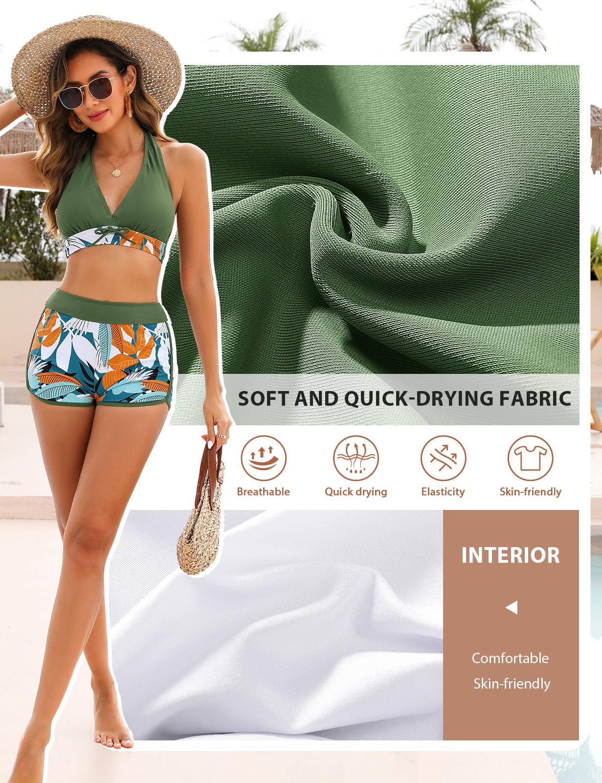 Tuopuda Damskie dwuczęściowe zestawy bikini z głębokim dekoltem w serek, strój kąpielowy z wysokim stanem, kontrola brzucha, top z szortami, kostium kąpielowy