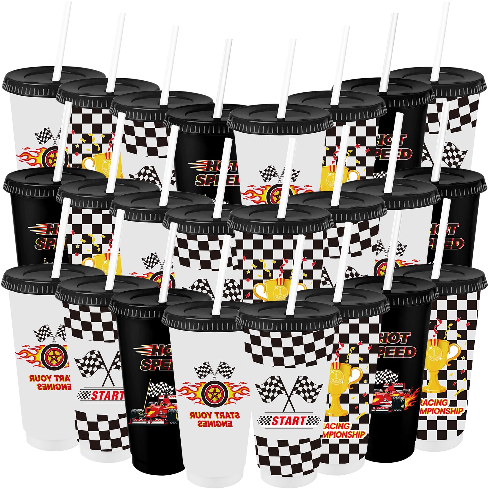 24er Set Rennwagen Partybecher 710ml mit Deckel Strohhalm | Trinkbecher mit Deckel für Kindergeburtstag Auto Motto Party Race Car Deko Mitgebsel